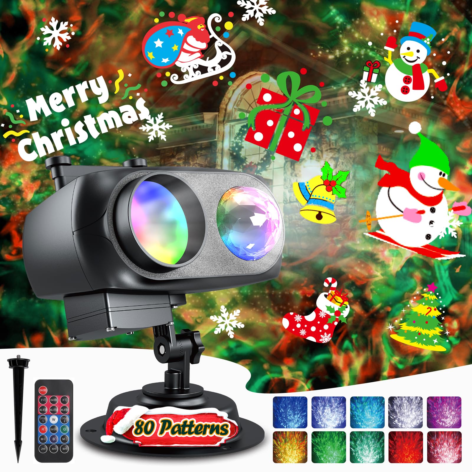 Anysun Christmas Holiday Projector Lights - 80 Bright Patterns & 3D Ocean Wave Effects, Waterproof Indoor/Outdoor Decor with Timer for Party, Home, Yard Atmosphere (Includes 10 Slides) - Perfect for Christmas Decorations, House Parties, and Holiday Festivities