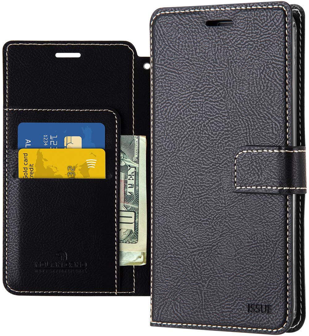 Qoosan Galaxy Note 10 Wallet Case - Premium Leather Flip Cover with Kickstand - Black - Perfect for Business & Travel Protection
