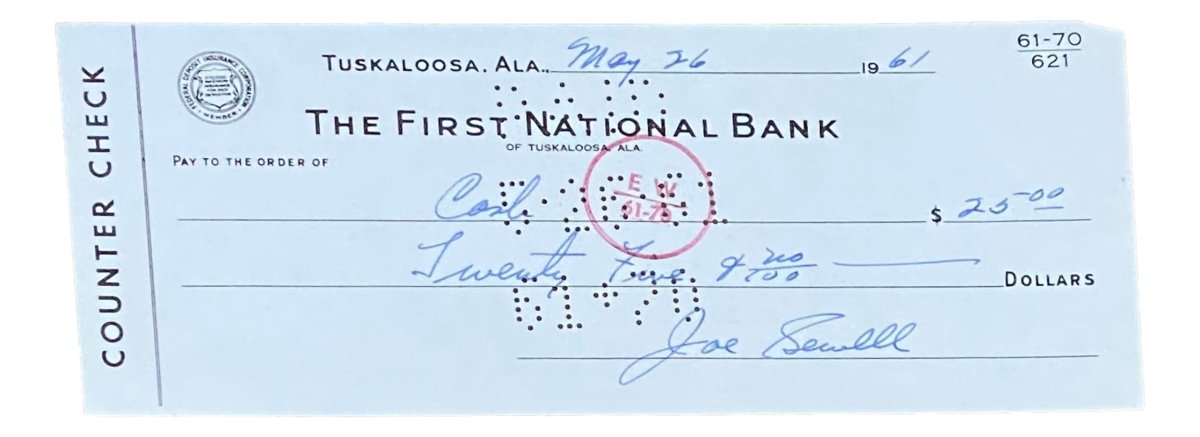 Joe Sewell Cleveland Autographed Bank Check Signed May 26, 1961 - Rare Sports Memorabilia for Collectors & Baseball Fans - Perfect for Framing, Display, or Investment