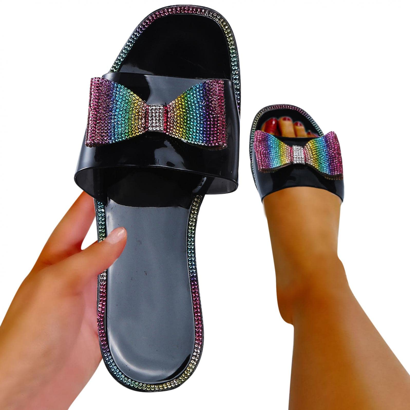 Women's Casual Summer Slide Sandals with Diamond Bow - Open Toe Flat Dress Sandals for Beach, Vacation & Everyday Wear