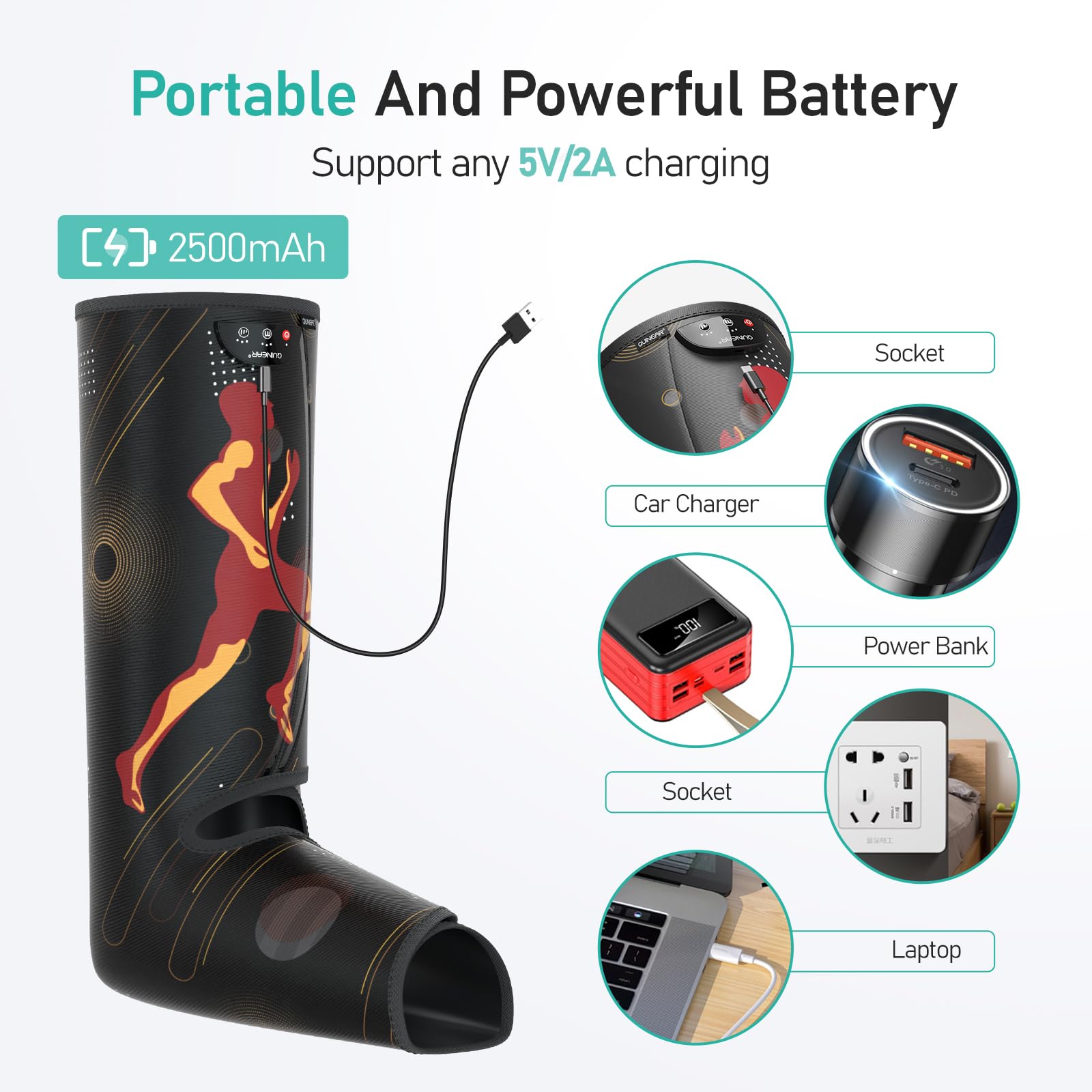 QUINEAR Cordless Rechargeable Leg Massager for Calf & Foot - Air Compression Therapy with 3 Modes & 3 Intensities - Relieve Muscle Pain, Improve Circulation & Relaxation - Perfect for Home, Office & Post-Workout Recovery