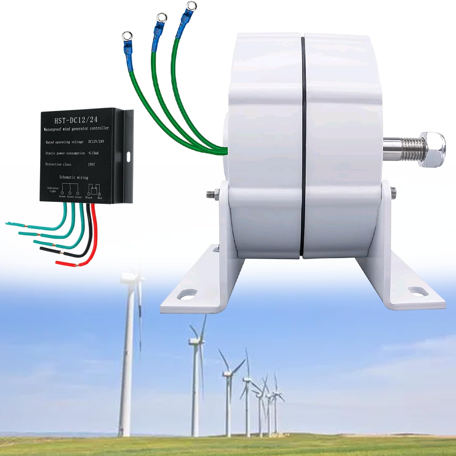 12V/24V/48V/96V/110V/220V 3-Phase Low Speed Permanent Magnet Wind Turbine Generator with Waterproof Controller - Perfect for Off-Grid Power, Home & Farm Use