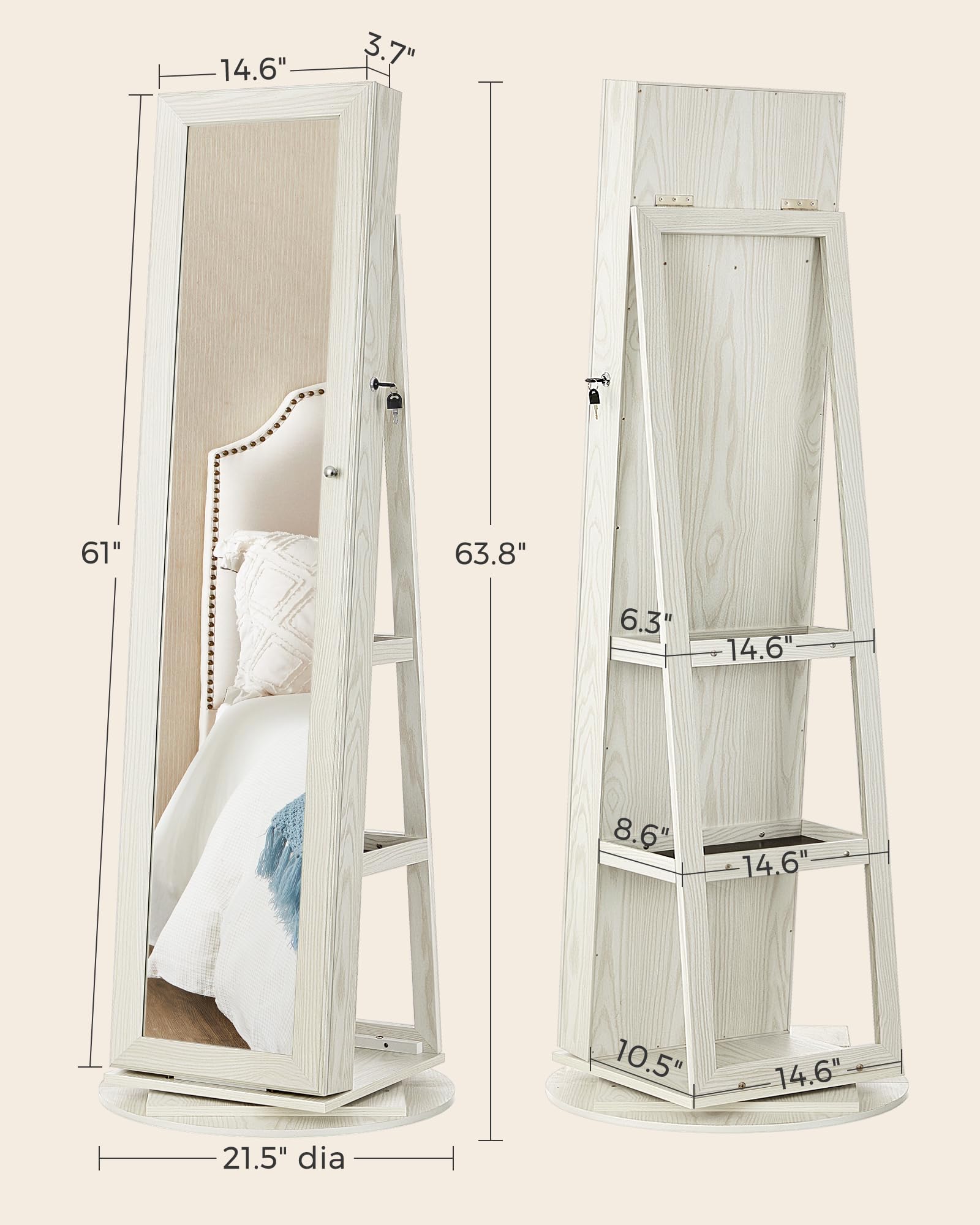 SONGMICS 360° Swivel Jewelry Cabinet with Full-Length Mirror - Lockable Jewelry Organizer with Interior Mirror & Storage Shelves - Jewelry Armoire for Necklaces, Rings & Accessories - Perfect Gift Idea for Women - White & Gray Wood Grain UJJC006W01 - Ideal for Bedroom, Closet & Dressing Room Organization