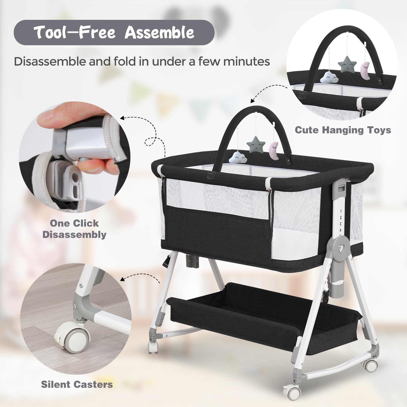 3-in-1 Portable Baby Bassinet with Hanging Toys | Foldable Bedside Sleeper Crib with 4-Sided Mesh, Wheels & Storage Basket | 6 Height Adjustable for Newborns & Infants | Perfect for Nursery, Bedroom & Travel (Black)