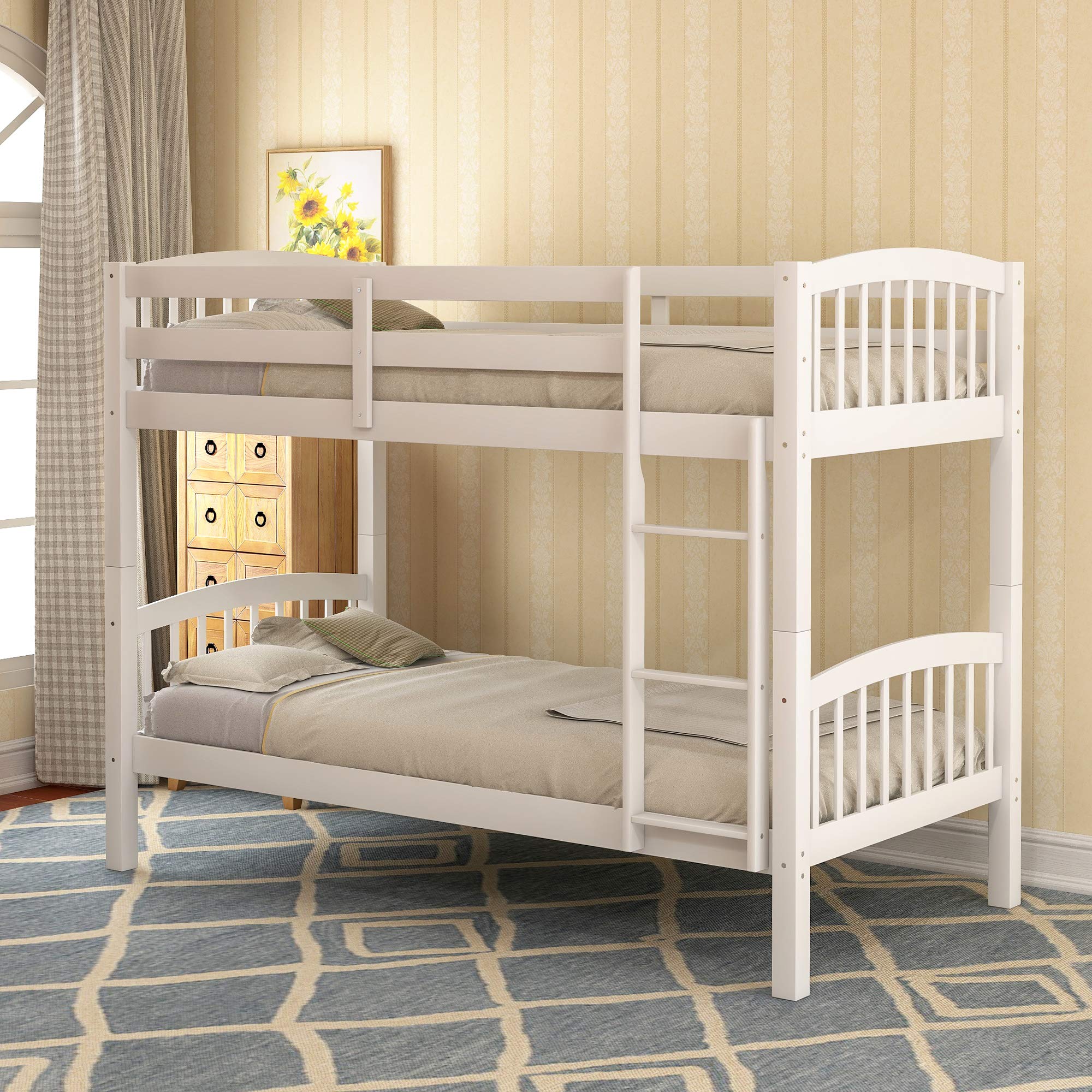 Solid Wood Twin Over Twin Bunk Bed with Ladder - White - Space Saving Kids Bedroom Furniture for Siblings or Sleepovers