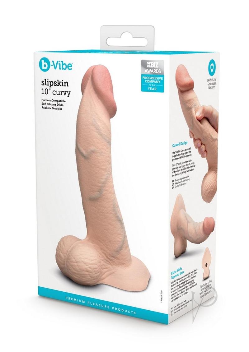 B Vibe Slipskin Realistic Silicone Curved Dildo 10 Inch - Vanilla Color - Body-Safe Adult Toy for Solo Play & Couples - Perfect for G-Spot & P-Spot Stimulation