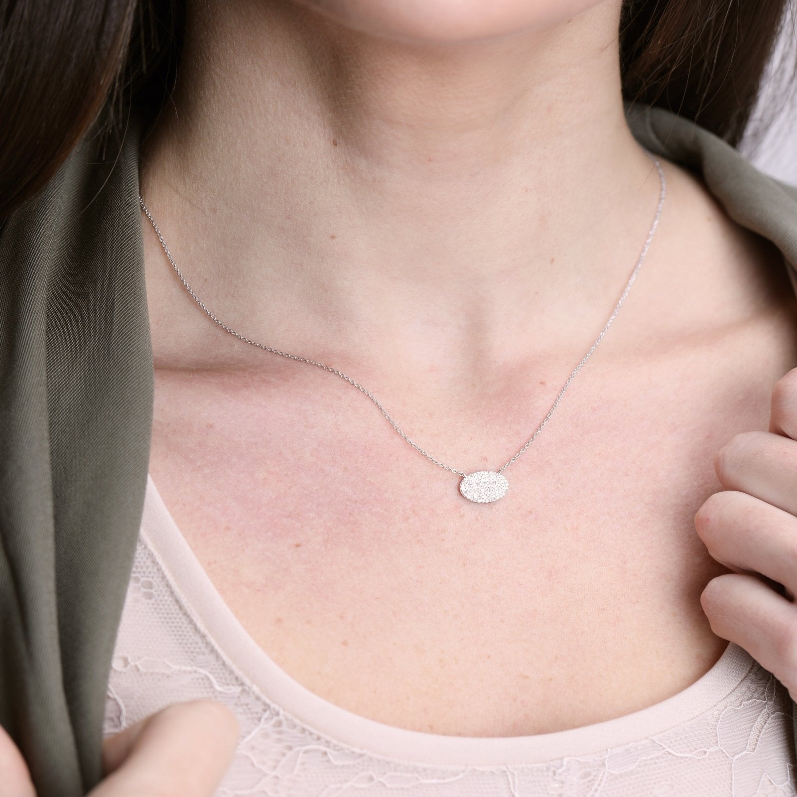 Elegant 14k White Gold Oval Diamond Pavé Station Necklace for Women - Perfect for Weddings, Anniversaries & Special Occasions