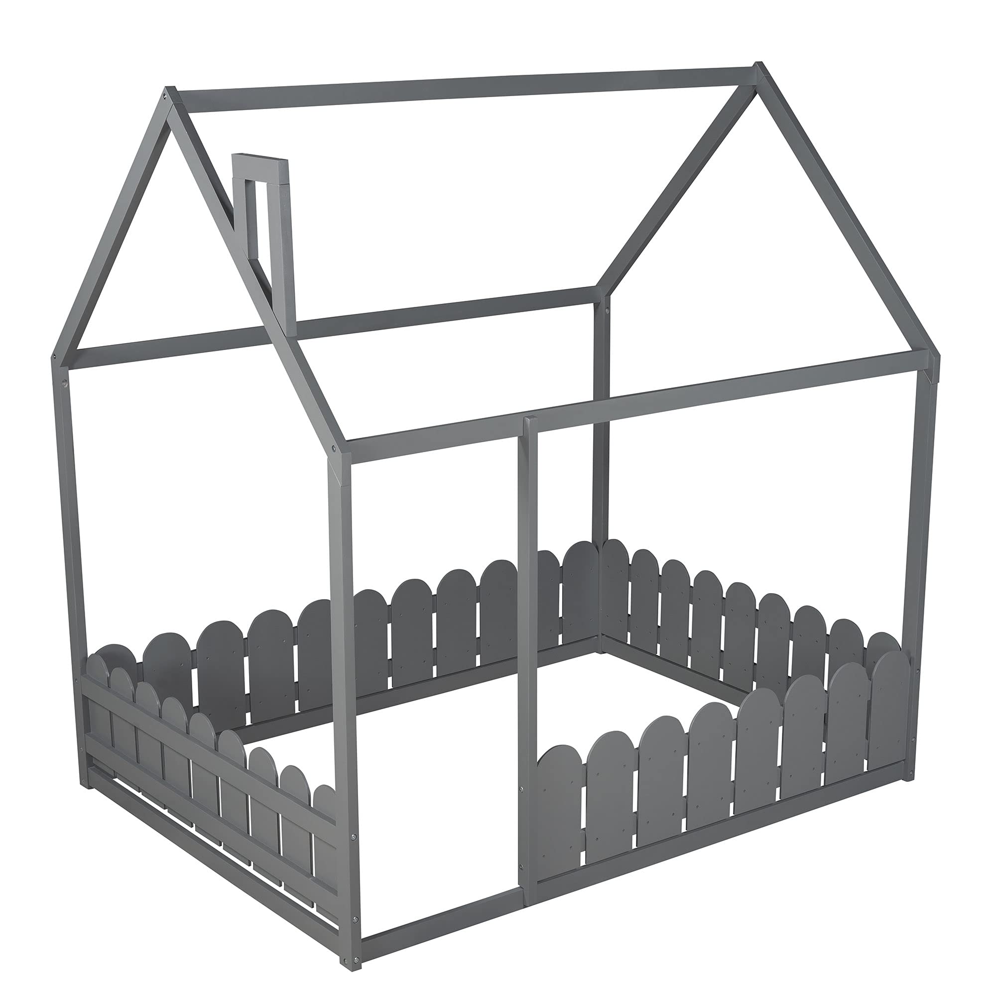 Kids House Bed with Fence-Shaped Guardrails - Twin Size Floor Bed for Toddlers, Teens, Boys & Girls - High Weight Capacity - Full Size Gray Bed Frame - Perfect for Bedrooms, Playrooms & Sleepovers