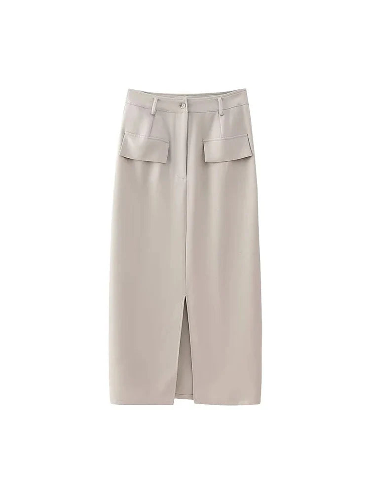 Women's High Waist Solid Summer Long Skirt with Side Slit - Casual Straight Slim Skirt with Two Pockets - Spring Fashion for Office, Dating & Vacation