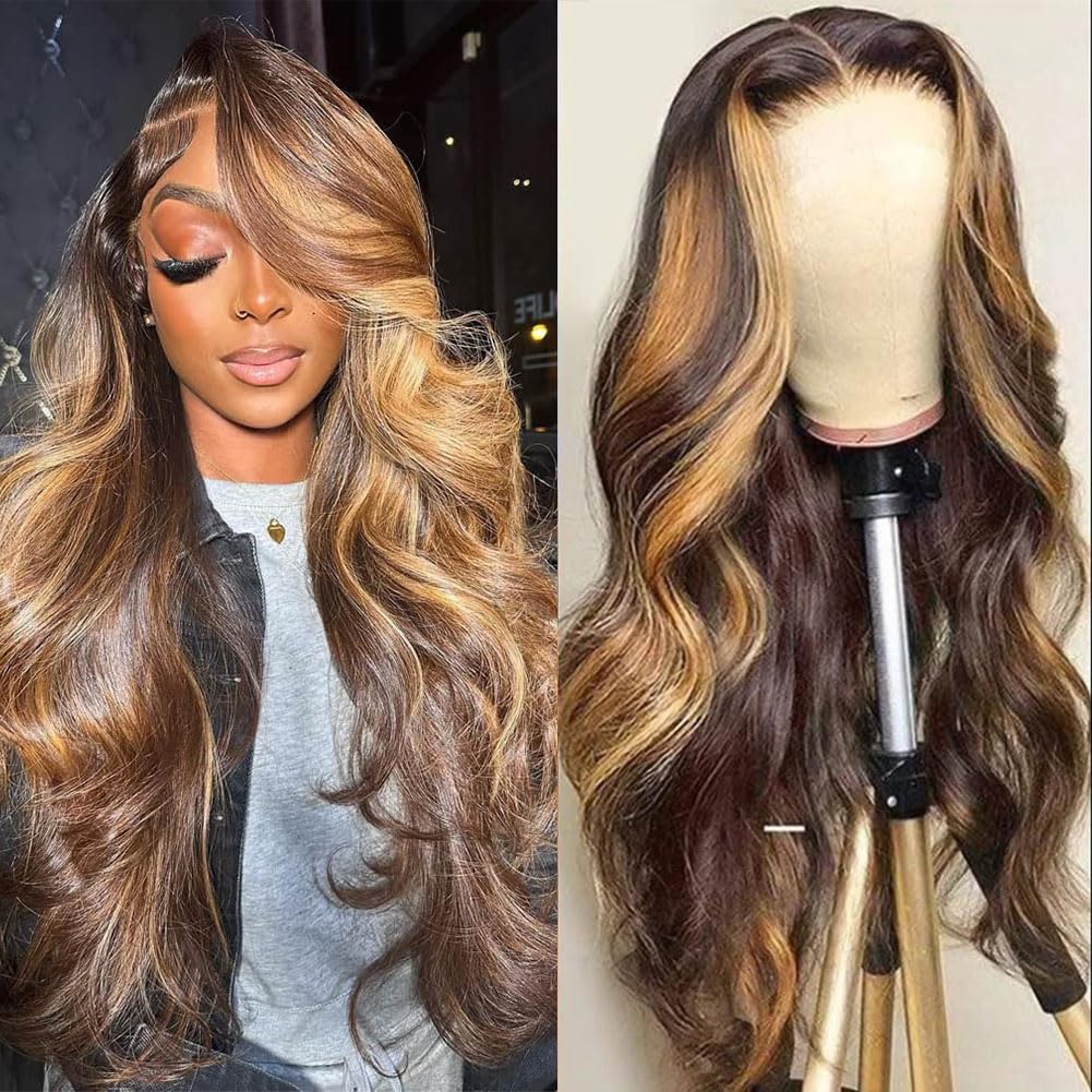 13x4 HD Lace Front Wig Human Hair Pre Plucked Body Wave Frontal Wig with Baby Hair | 180% Density Ombre Brown Honey Blonde | 26 Inch Human Hair Wigs for Black Women | Perfect for Daily Wear, Parties & Special Occasions