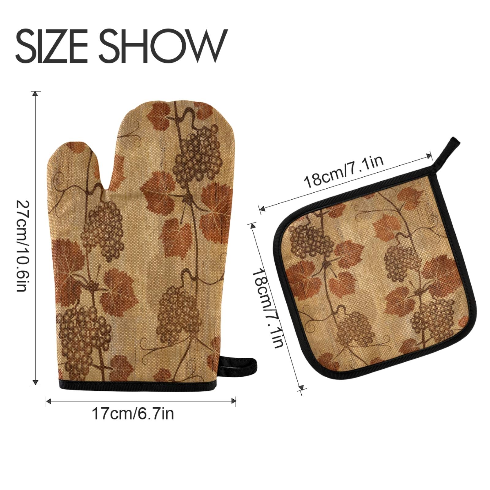 Retro Grape Leaf Non-Slip Heat Resistant Oven Mitts & Pot Holders Set - Polyester Kitchen Baking Gloves for Hand & Wrist Protection - Perfect for Baking, Cooking, Grilling & Serving Hot Dishes