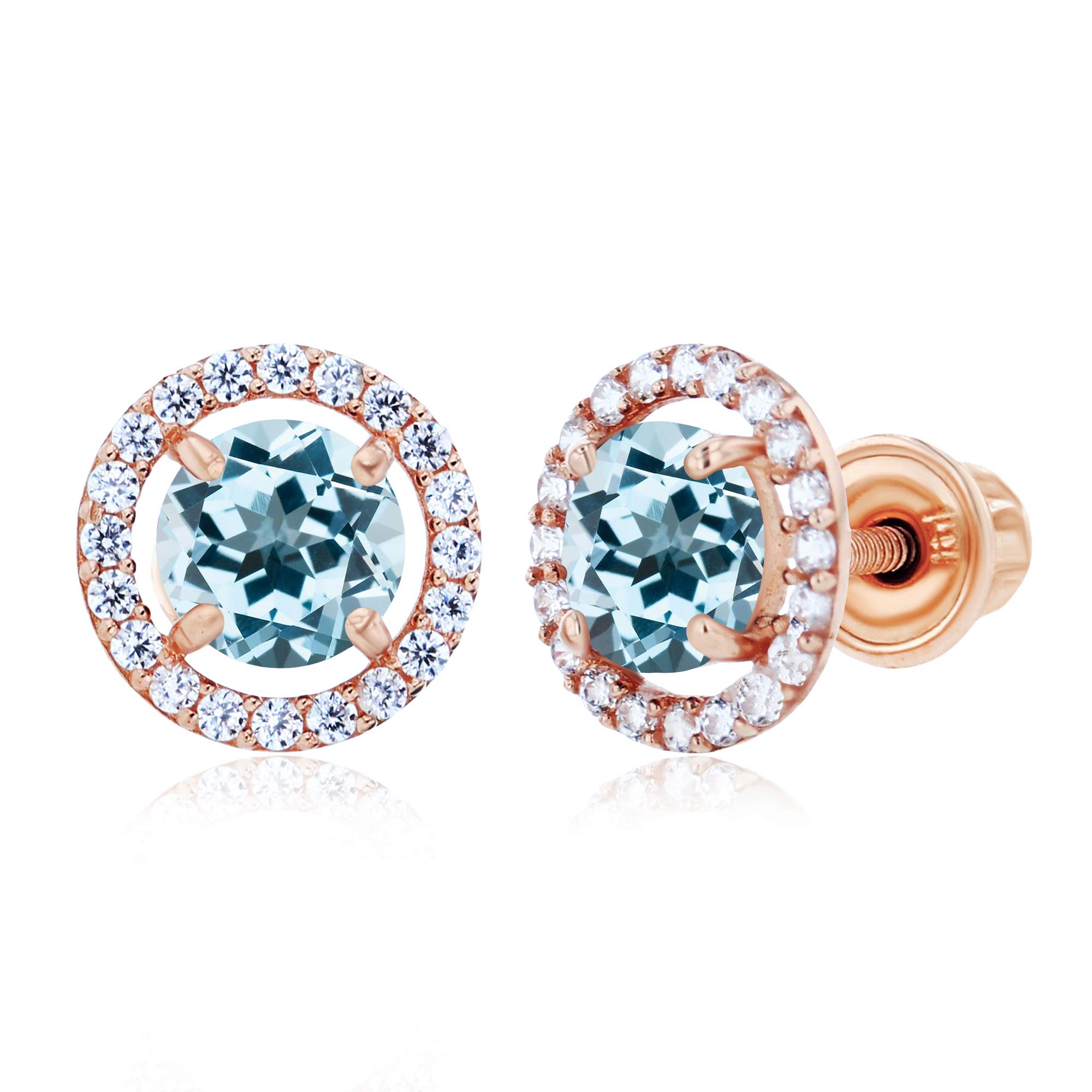 14K Solid Gold 8mm Halo Birthstone Stud Earrings for Women | 5mm Round Natural Birthstone | 1mm White Sapphire Halo Screwback Earrings | Perfect for Everyday Wear, Gifts & Special Occasions