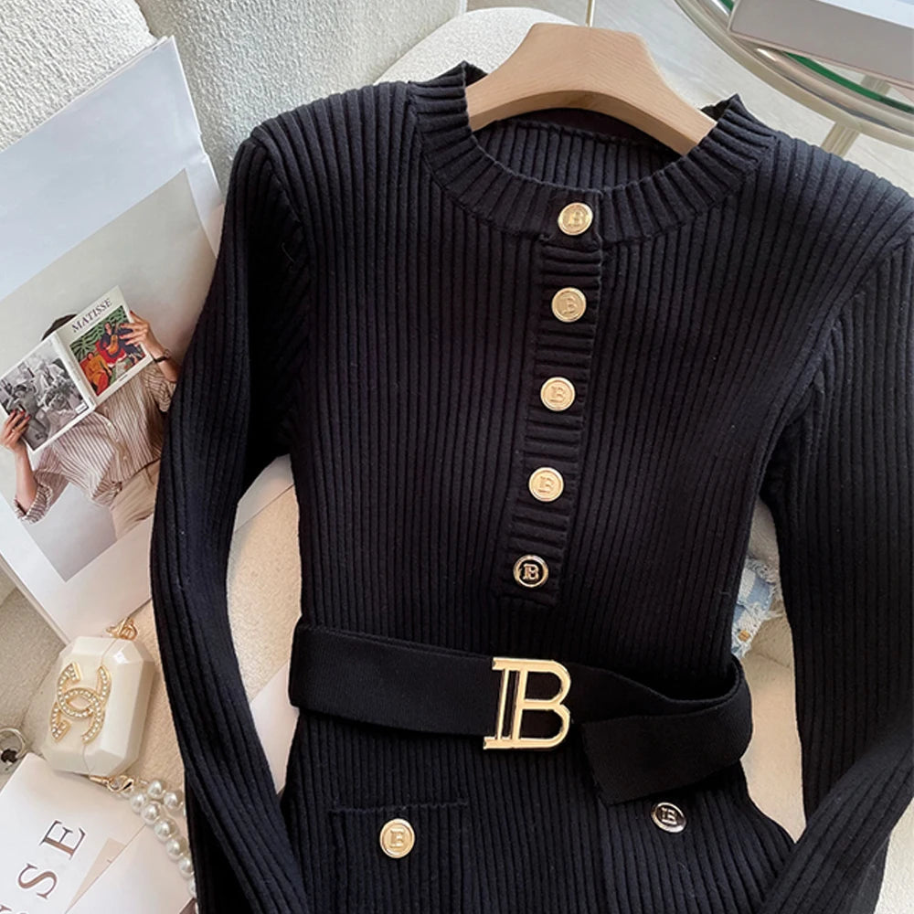 Women's Autumn Winter Knitted Sweater Dress - O Neck Button Down Bodycon with Belt | Fashion Brand Office Wear for Ladies | Perfect for Work, Parties & Holiday Outfits