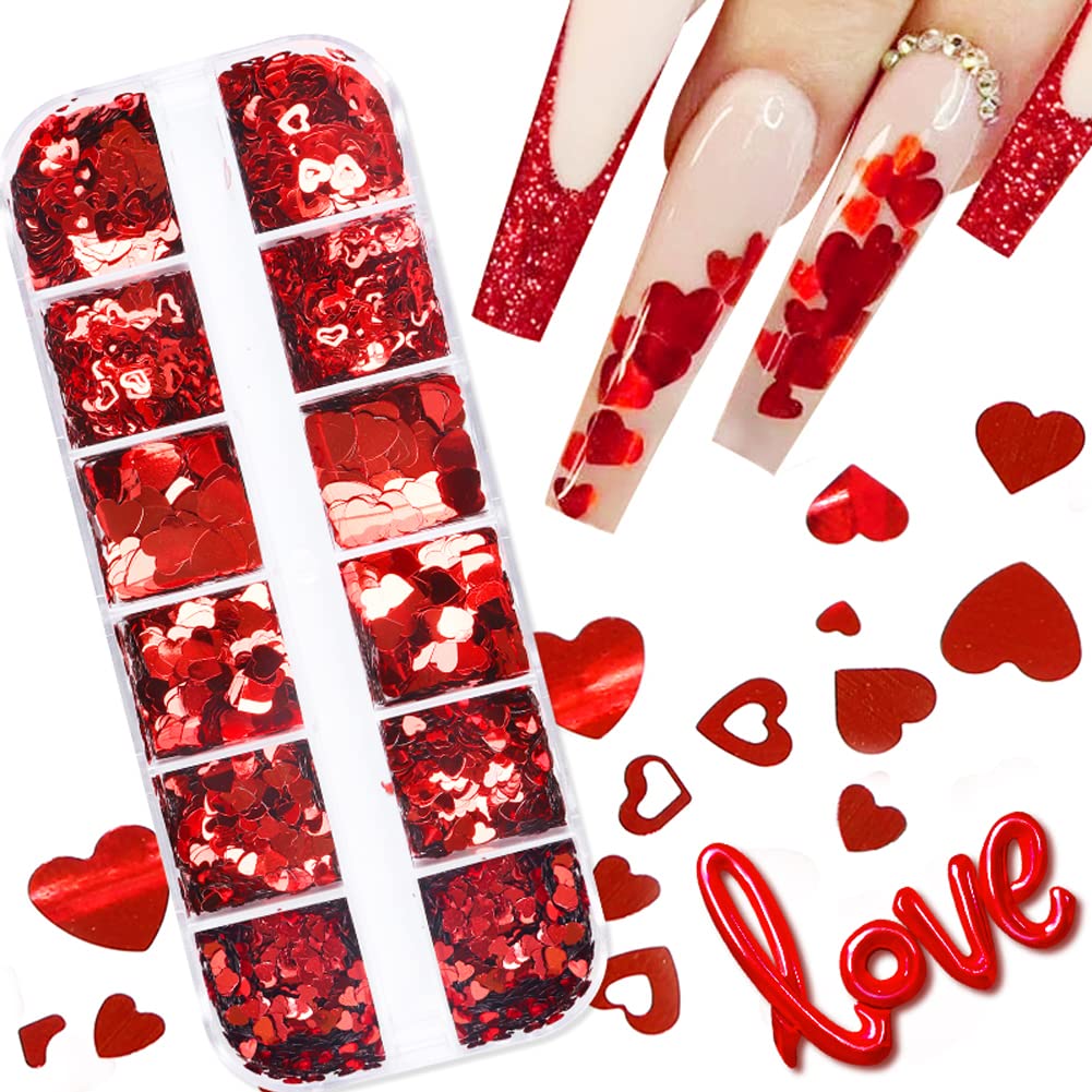 Valentine's Day Heart Nail Art Glitters - Holographic Red Heart Sequins & Flakes for Acrylic Nails - 12 Grid Manicure Decorations Kit - Perfect for Valentine's Manicures, DIY Nail Art & Party Nail Designs
