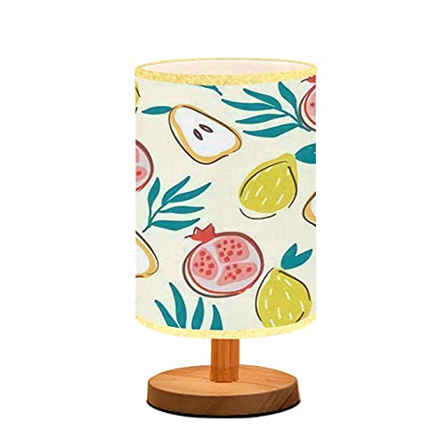 Minimalist Wooden Bedside Table Lamp with Flaxen Fabric Shade - Pear, Pomegranate & Lemon Fruit Design for Bedroom, Living Room or Nursery - Perfect Nightstand Lighting for Reading, Breastfeeding & Relaxation