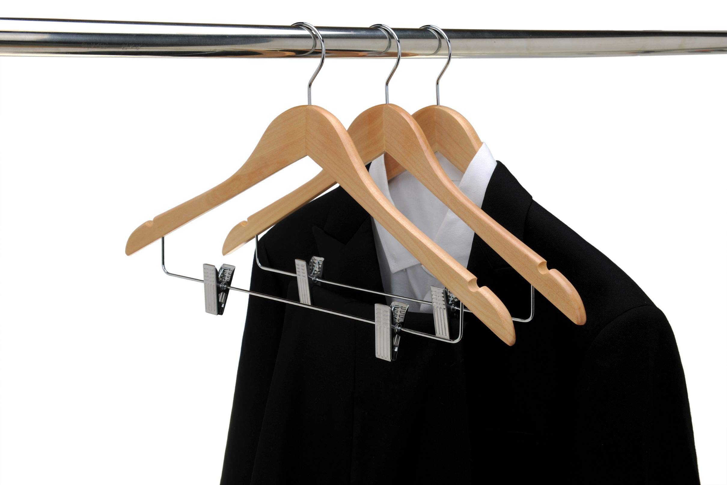 Premium 80-Pack Natural Wooden Skirt Hangers with Adjustable Chrome Metal Clips & Swivel Hook - Space-Saving Closet Organizer for Pants, Coats, Jackets, Blouses & Suits - Perfect for Home, Retail Stores & Dry Cleaning Businesses
