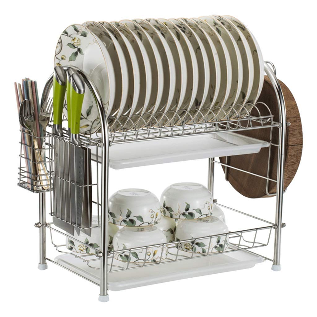 Stainless Steel Double Drain Dish Rack with Chopstick Holder & Cutting Board Storage - Space Saving Kitchen Organizer for Countertop Dish Drying (Ideal for Small Kitchens & Apartments)