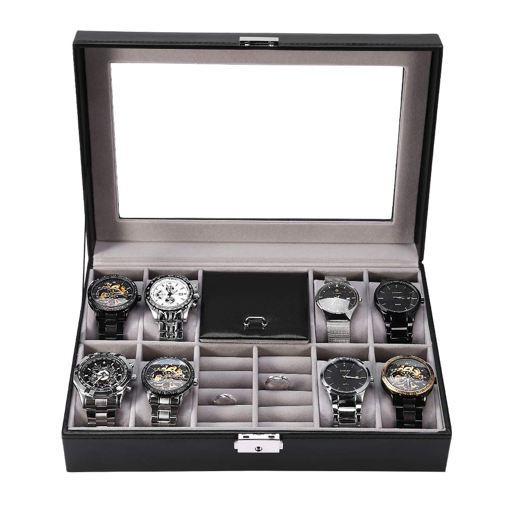Black Jewelry Organizer Box - 8 Slots & 2 Grids Multi-Functional Watch & Ring Storage Case for Men & Women | Perfect for Travel, Home Vanity & Gift Giving