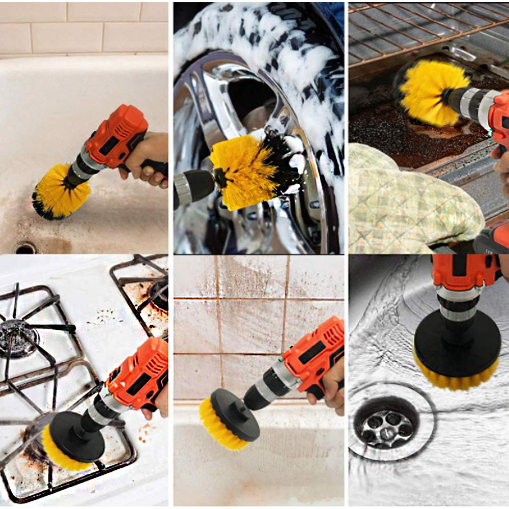 Power Scrubber Drill Brush Cleaning Kit - 20 Pack Heavy Duty Scouring Pads for Tile, Grout, Car Wheels, Bathroom & Kitchen - Extendable Long Handle Cleaner & Polisher for Pool, BBQ, and Tough Stains