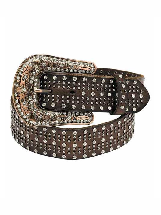 Nocona Women's Leather Studded Crystal Western Belt - Brown | Stylish Cowgirl Accessory for Jeans, Dresses & Western Outfits