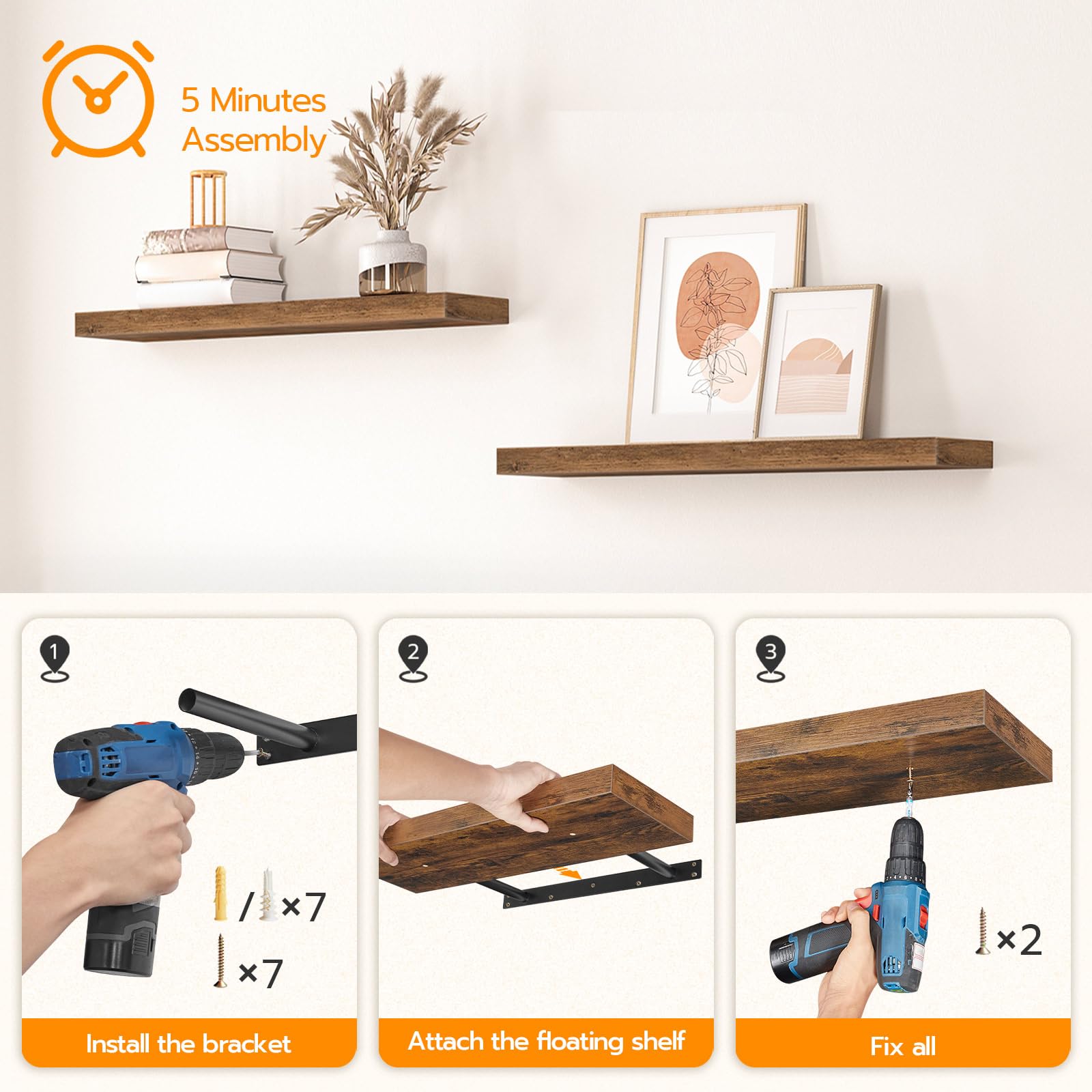 HOOBRO Floating Shelves Set of 2 - 31.5 Inch Wall Mounted Shelves with Invisible Brackets - Rustic Brown Wooden Shelves for Bathroom, Bedroom, Kitchen, Living Room & Office Decor - Perfect for Displaying Books, Plants & Home Decor Items
