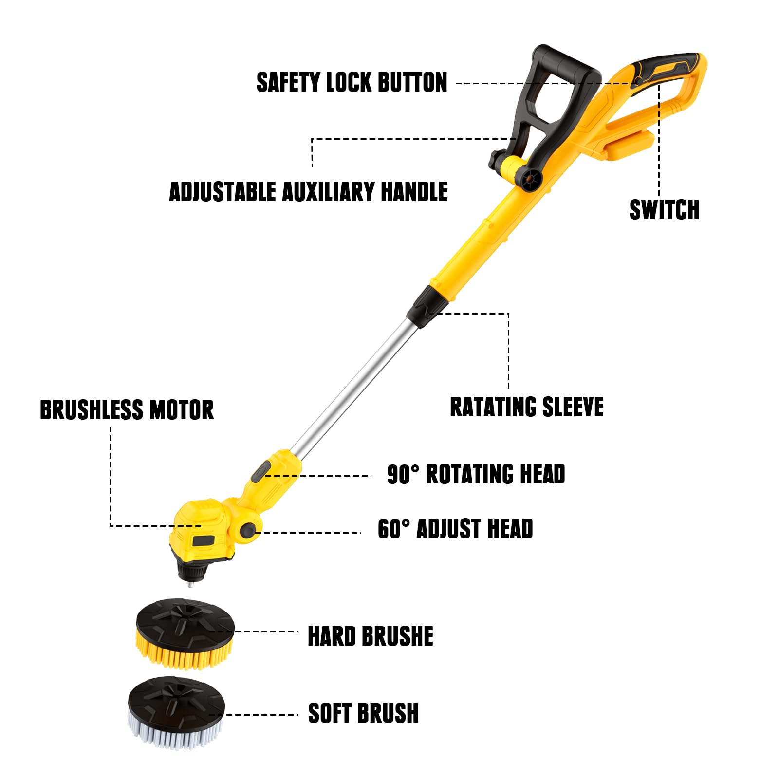 Electric Spin Scrubber with Dewalt 20V Max Battery Compatibility (Tool Only) - 700RPM Brushless Shower Cleaning Brush with Telescopic Long Handle & 2 Brush Heads - Perfect for Tub, Tile, Bathroom, Kitchen, Car Cleaning - Effortless Deep Cleaning for Tough Grime and Stains