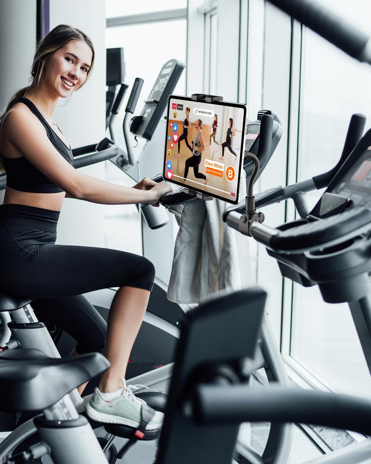 Woleyi Adjustable Gooseneck Tablet Holder for Spin Bike & Peloton - Universal Exercise Bike Handlebar Mount for iPad Pro/Air/Mini, Galaxy Tablets (4.7-13 Inch) - Perfect for Home Gym, Cycling Workouts & Treadmill Training