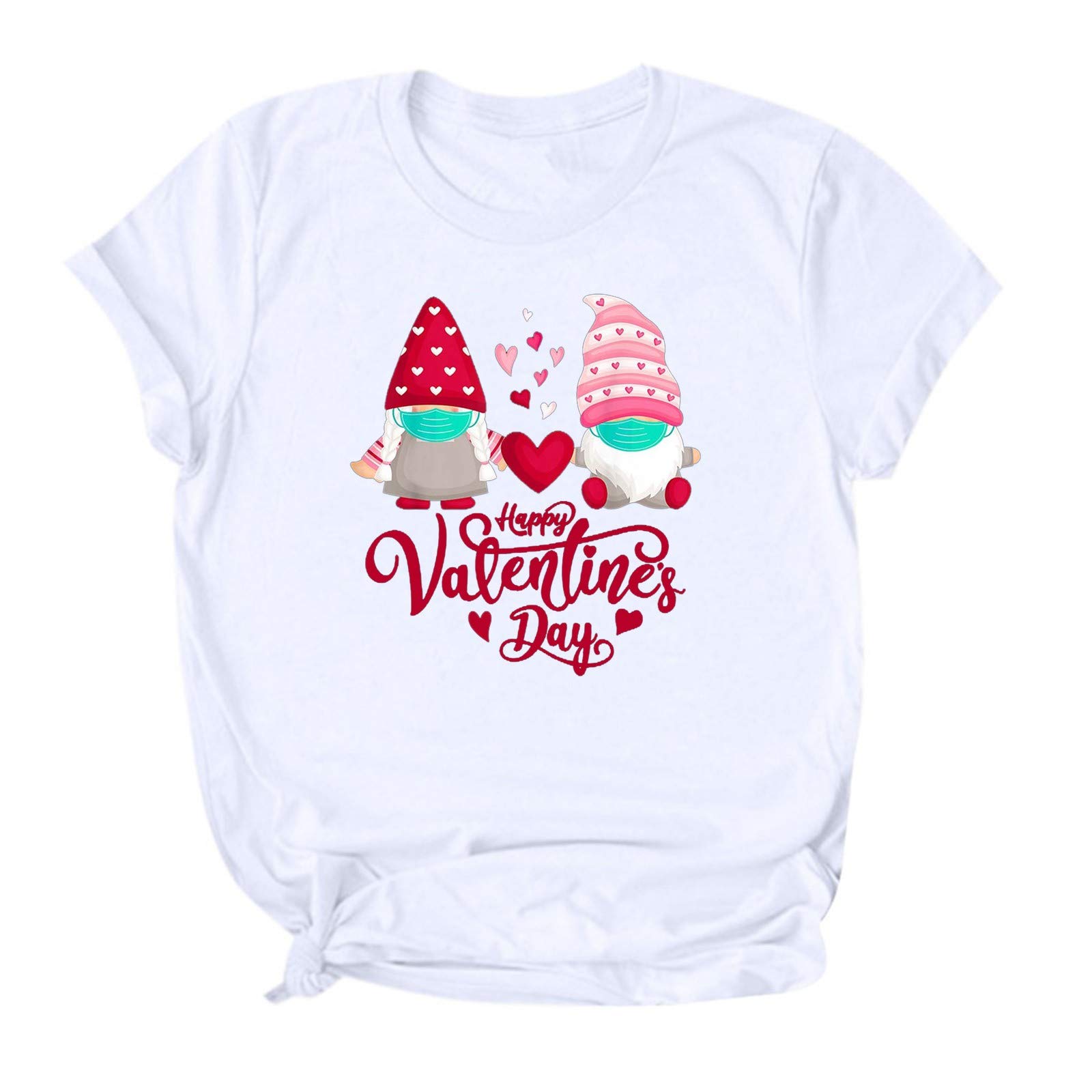 Women's Casual Slim Fit Valentine's Day Print Happy O-Neck T-Shirt - Cute Cartoon Graphic Tee (White, XXL) | Perfect for Valentine's Gifts, Date Nights & Casual Wear