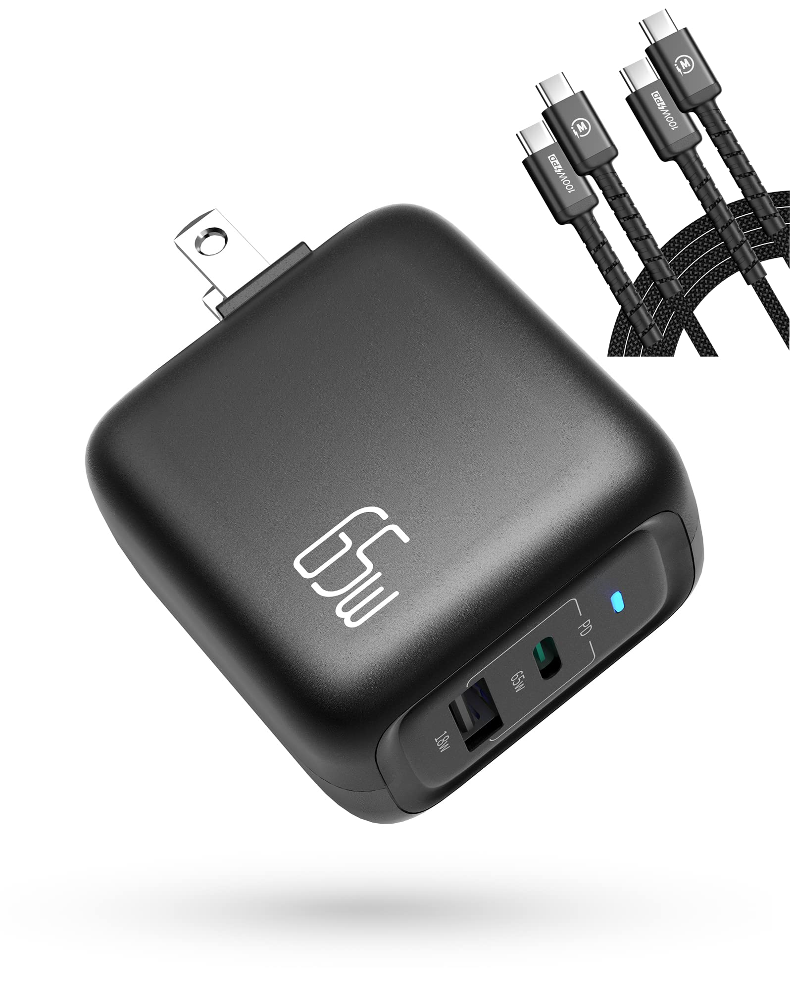 65W Fast Wall Charger for Laptop & Phone - 2-Pack 100W USB-C to USB-C Charging Cable Included - Compact Travel Charger for MacBook, Dell, HP, iPhone 15 & More - Ideal for Home, Office & Business Trips