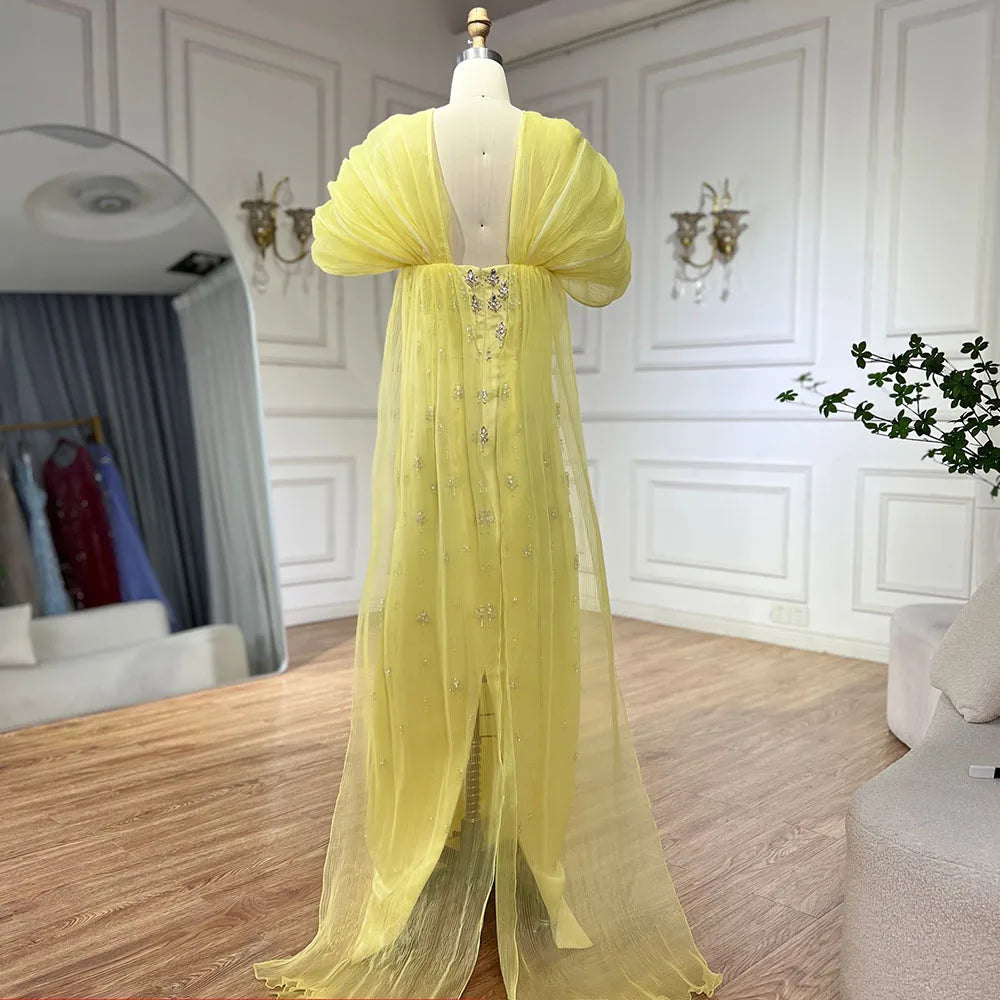 Elegant Yellow Beaded Evening Gown Dubai Style Arabic Formal Dress for Women - Perfect for Weddings, Galas & Special Occasions