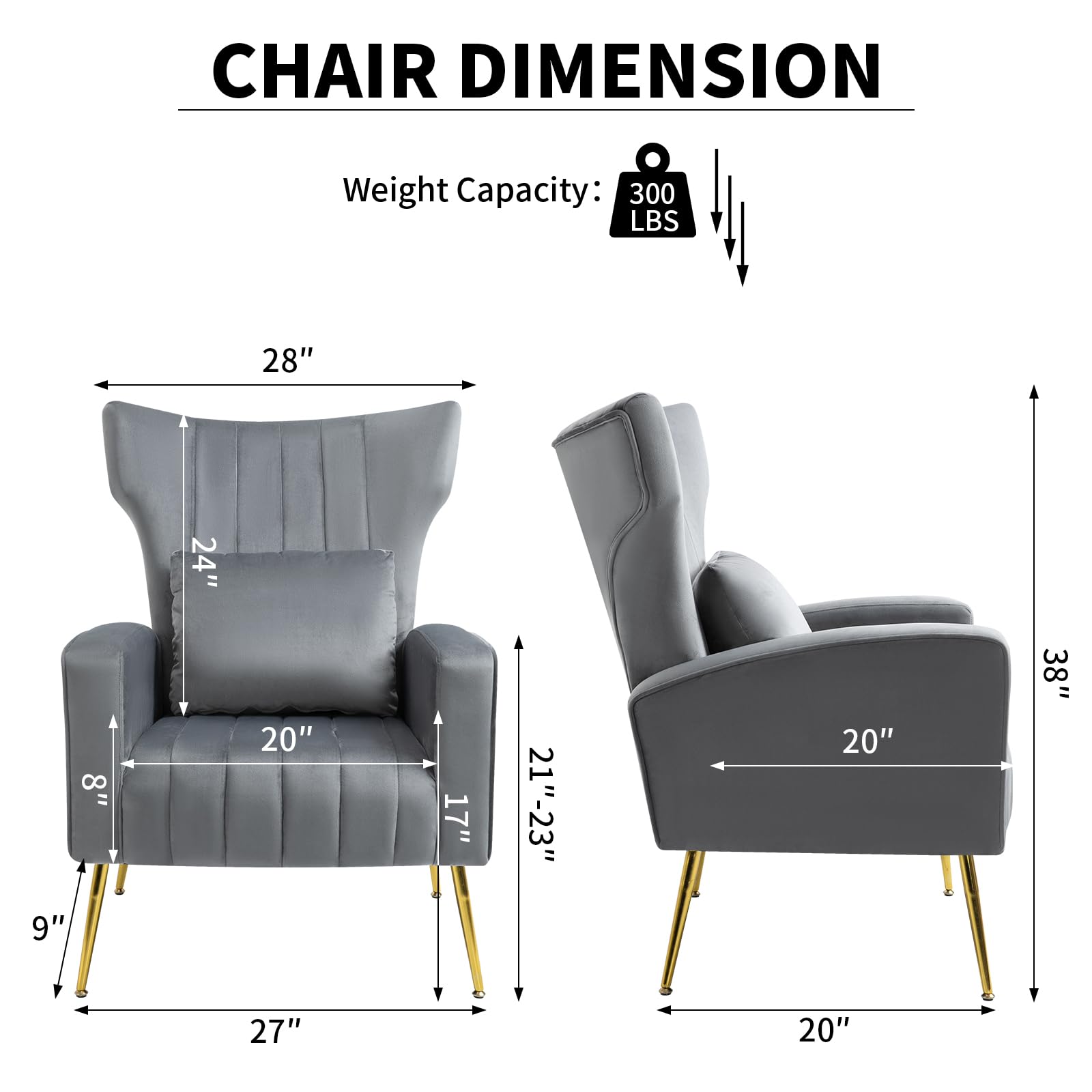 Velvet Accent Armchairs Set of 2 - Wingback Design with Lumbar Pillow - Modern Living Room & Bedroom Chairs - Office Guest Reception Side Chairs - Gold Finish Gray Velvet - Perfect for Home Decor, Lounge Seating & Elegant Entertaining Spaces
