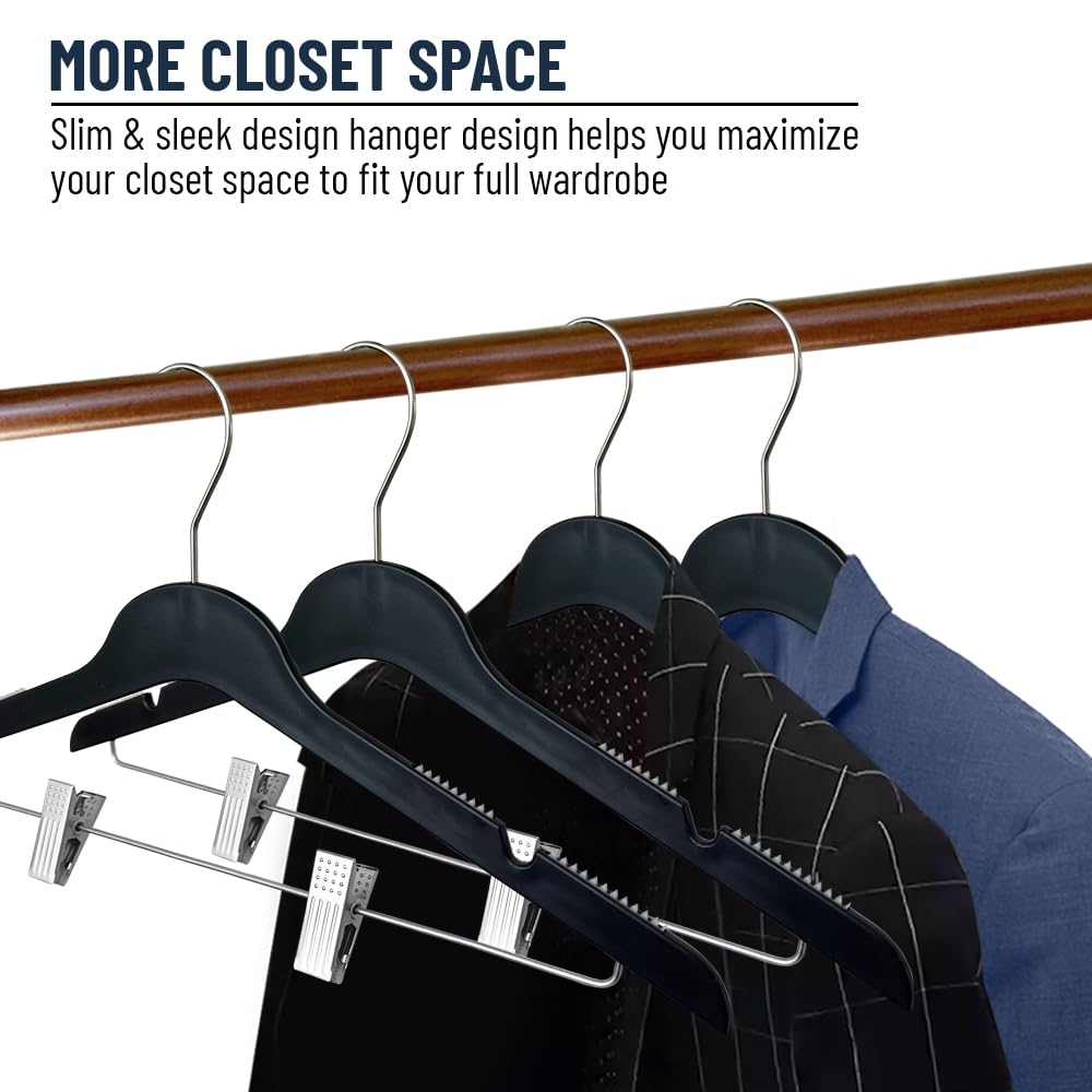 All Hung Up Slim Hangers with Clips - Space Saving Thin Clothes Hangers for Blouses, Shirts & Pants (Black, 100 Pack) - Perfect for Closet Organization & Small Spaces