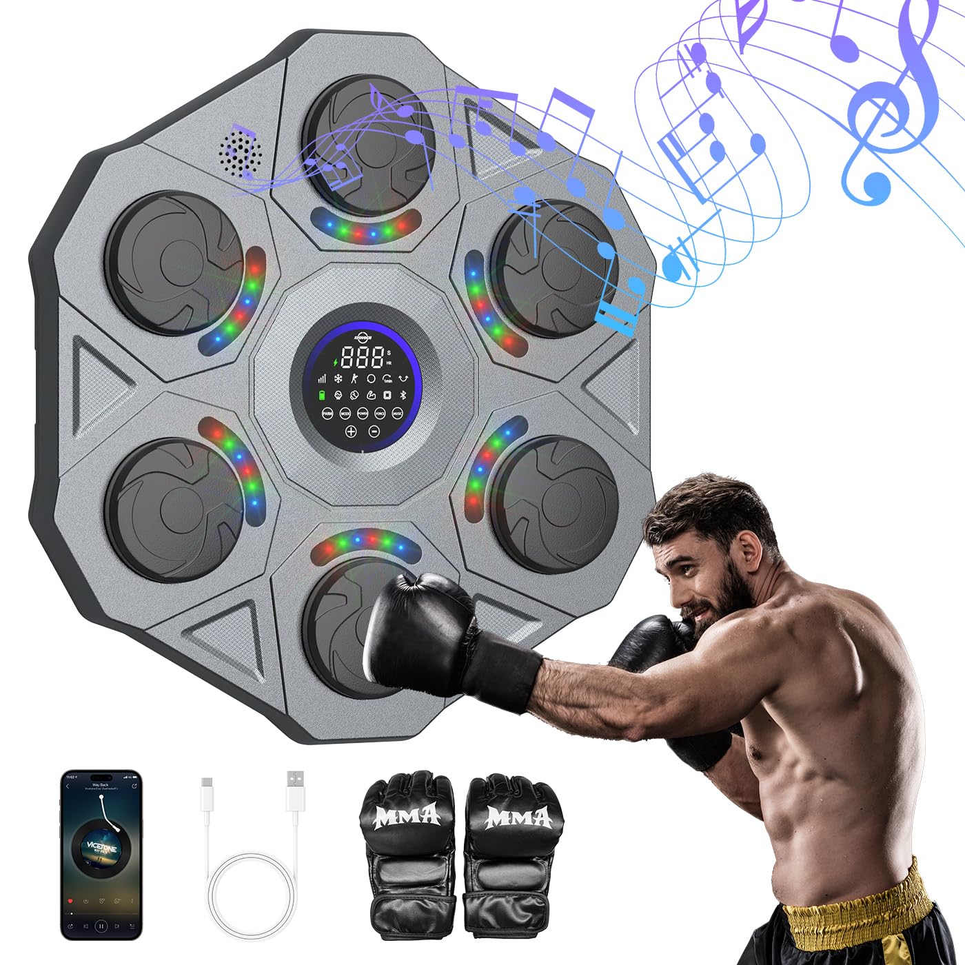 Smart Bluetooth Music Boxing Machine with Boxing Gloves - Wall Mounted Home Workout Equipment for Adults & Kids | 2024 New Model | Perfect for Fitness Training, Stress Relief & Family Fun