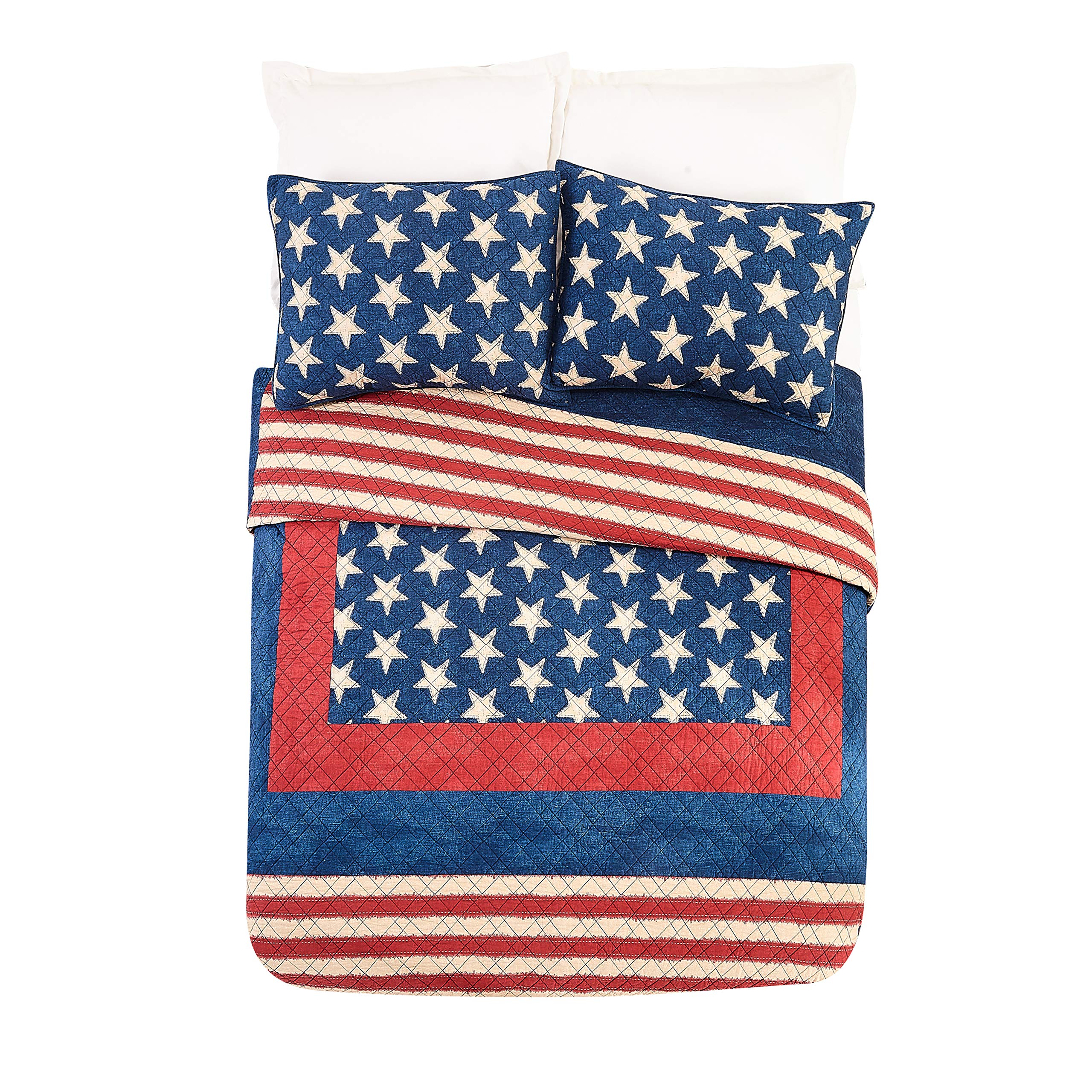 MODERN HEIRLOOM Americana Patchwork Quilt Set - 3-Piece Reversible All-Season Bedding with 2 Shams, Lightweight Coverlet for Full/Queen Size Beds (Red/Blue) - Perfect for Farmhouse Decor, Guest Rooms & Cozy Bedroom Makeovers