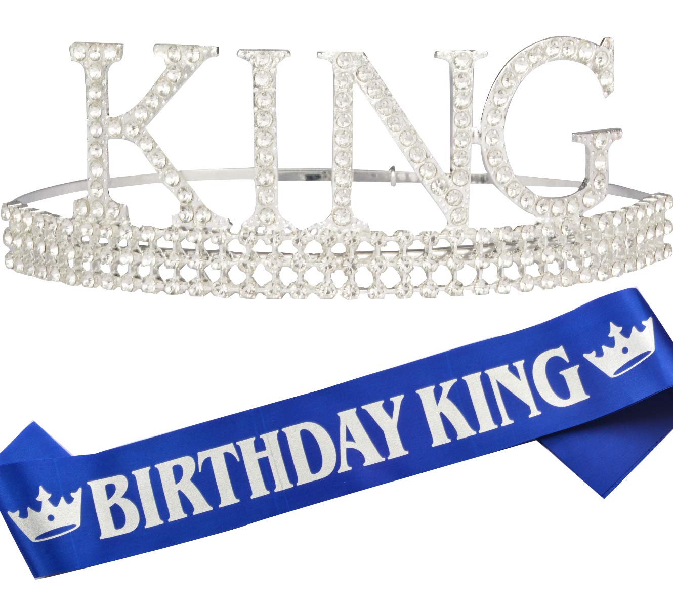 Royal King Silver Metal Birthday Crown & Sash Set for Men & Boys - Birthday Party Decorations & Accessories for King-Themed Celebrations, Costume Parties & Special Events