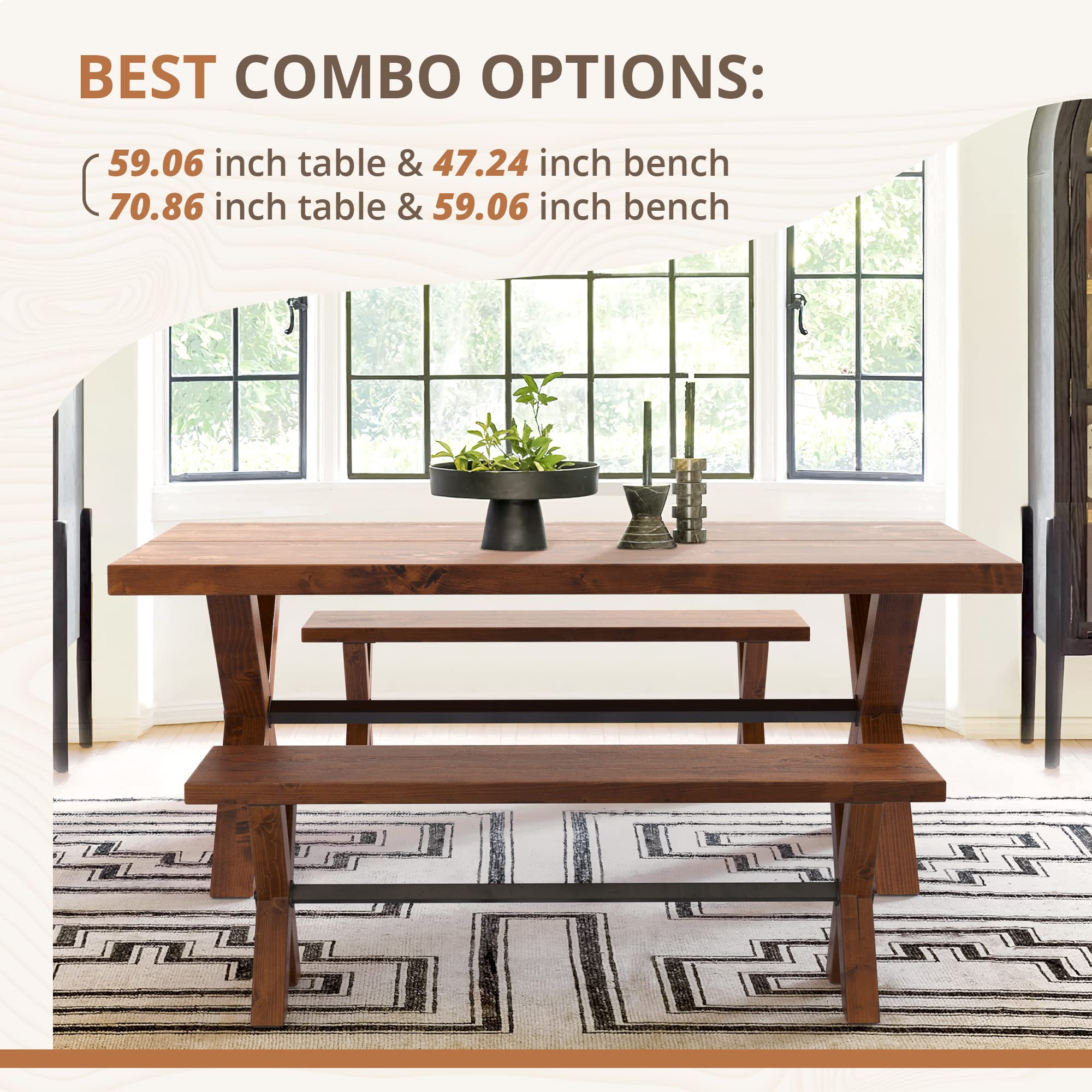 LUE BONA 47 Inch Solid Wood Dining Bench - Farmhouse Style Kitchen Bench with Natural Wood Grain - Heavy Duty Rectangular Dining Table Bench for Home, Kitchen & Dining Room - Light Brown - Perfect for Farmhouse Decor, Kitchen Islands & Breakfast Nooks