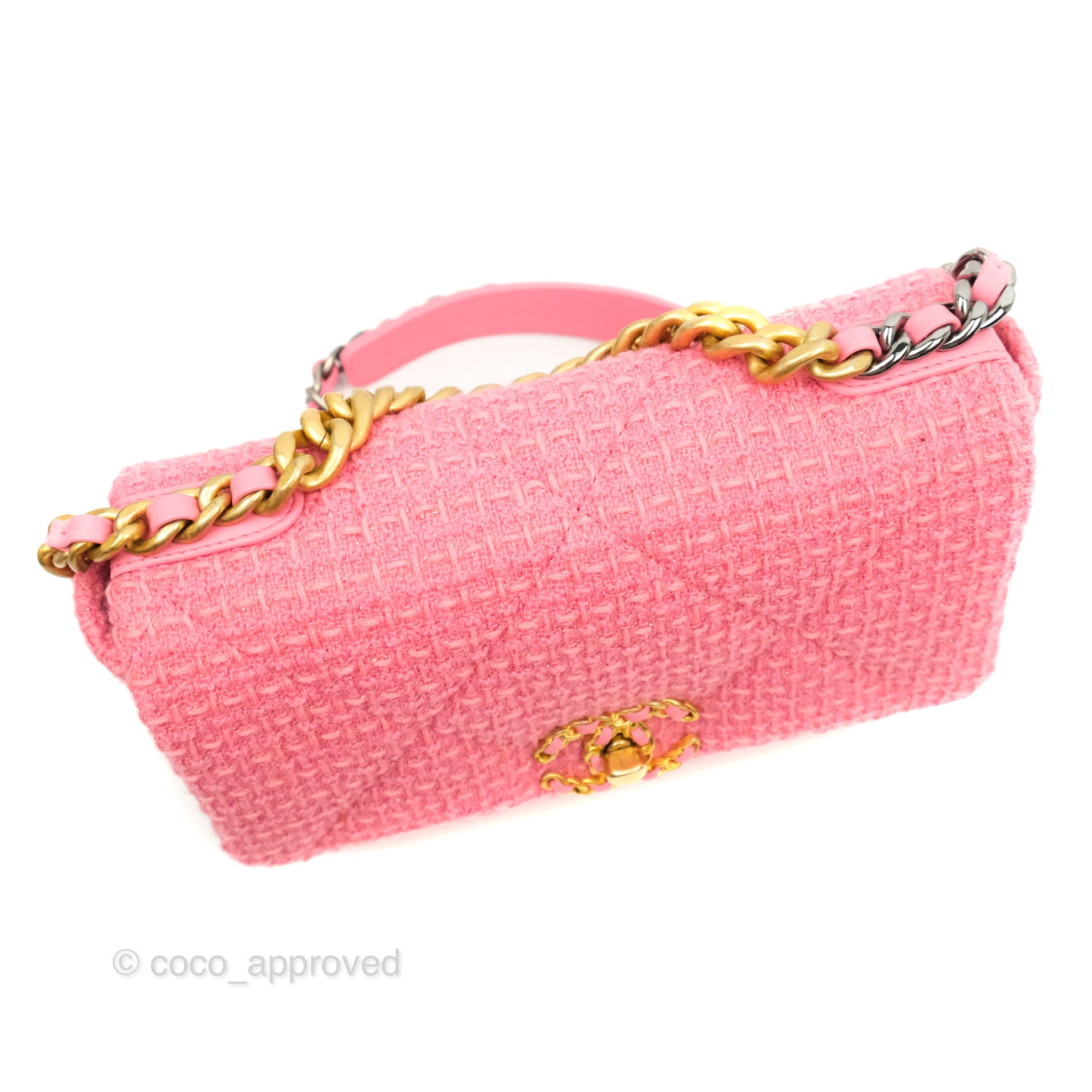 Chanel 19 Small Tweed Handbag in Pink Glitter with Mixed Hardware - Elegant Designer Shoulder Bag for Women, Perfect for Parties, Weddings & Special Occasions