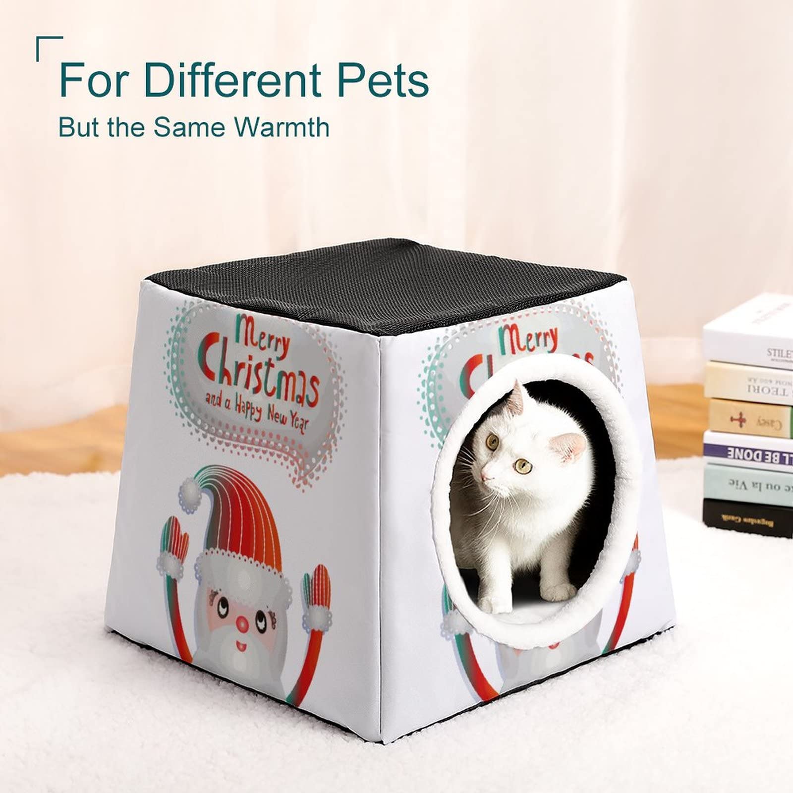 Cozy Printed Cat House Bed with Soft Pillow - Indoor Pet Sofa Cube for Cats & Small Dogs | Perfect for Christmas, New Year Gifts & Home Decor (Red)