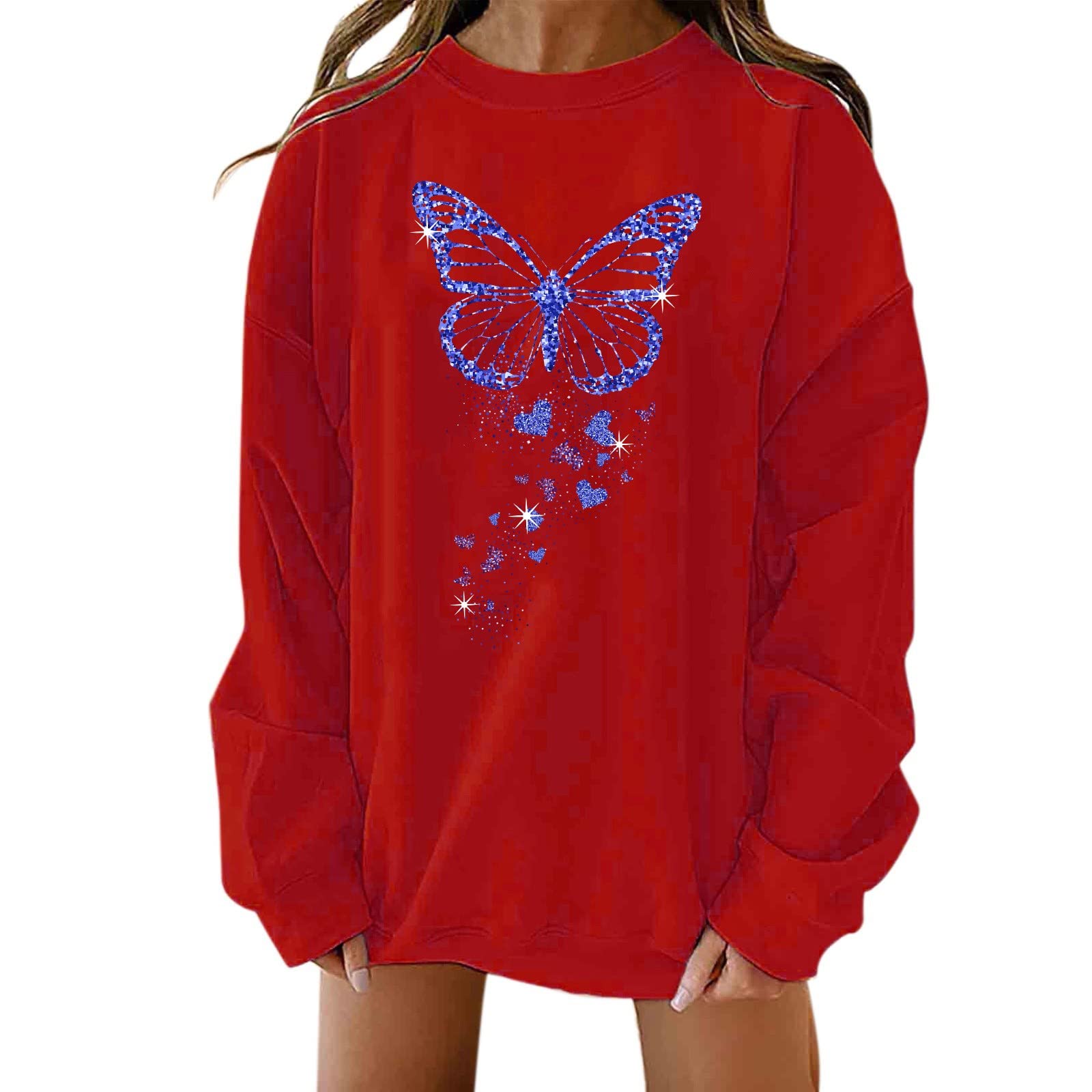 BEUU Women's Casual Butterfly Graphic Long Sleeve Crewneck Pullover Sweatshirt - Loose Fit Printed T-Shirt Top for Everyday Wear, Street Style & Layering Outfits