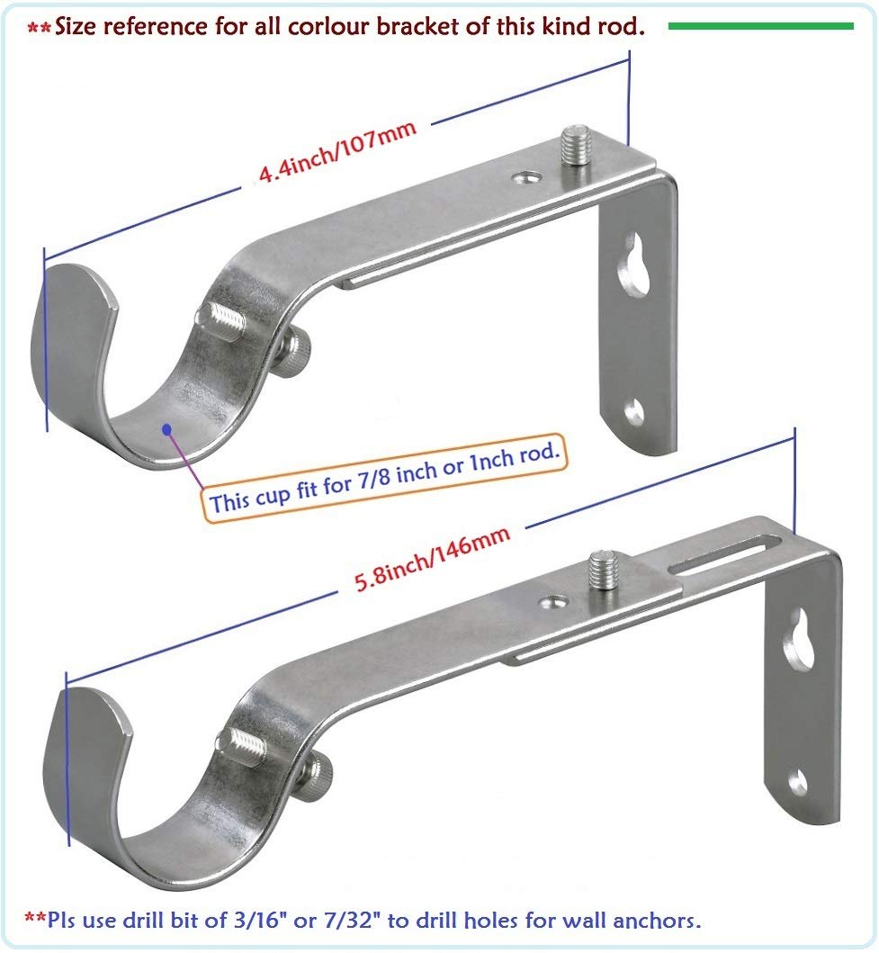 Adjustable Curtain Rod Bracket Set of 4 - Heavy Duty Rod Holder for 7/8