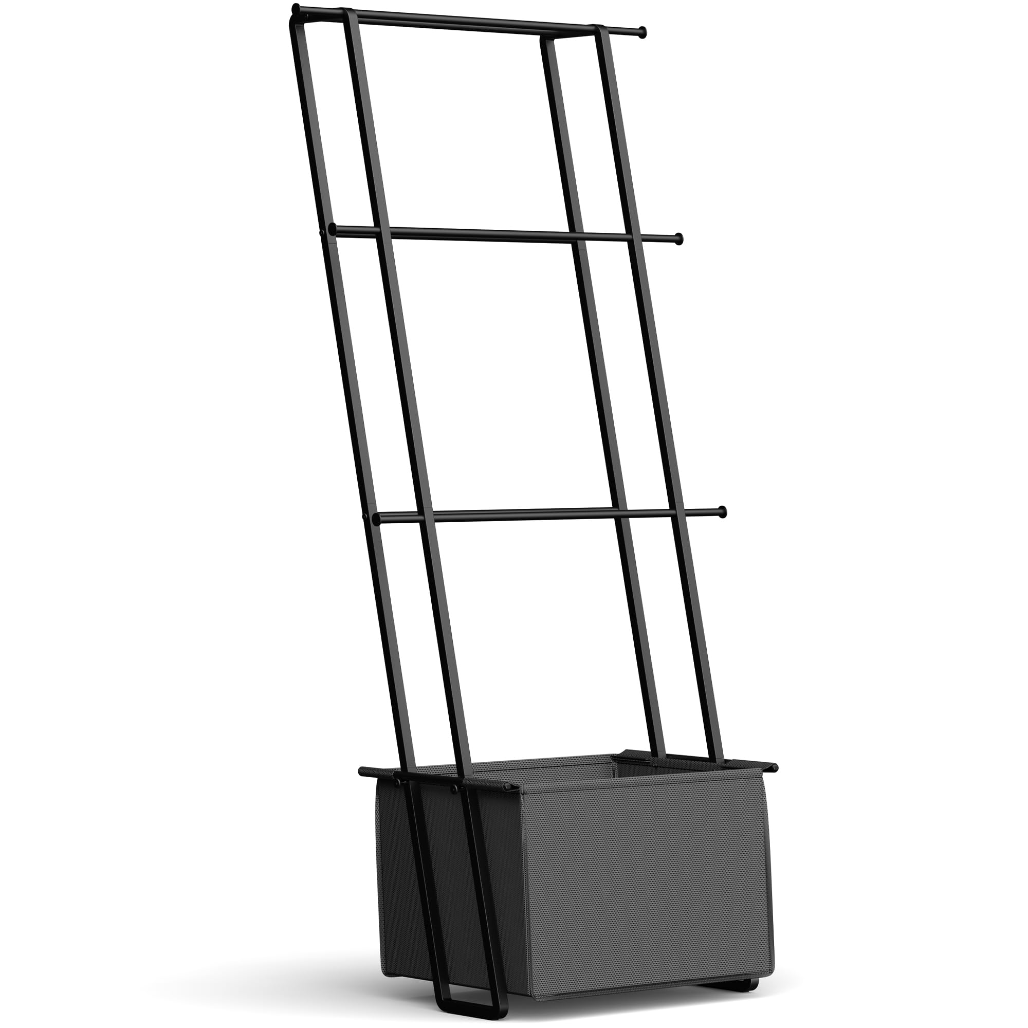 4-Tier Blanket Ladder Towel Rack with Basket - Wall Leaning Blanket Holder & Drying Rack for Living Room, Bathroom, Bedroom - Black with Storage Bag - Perfect for Organizing Blankets, Towels and Home Decor