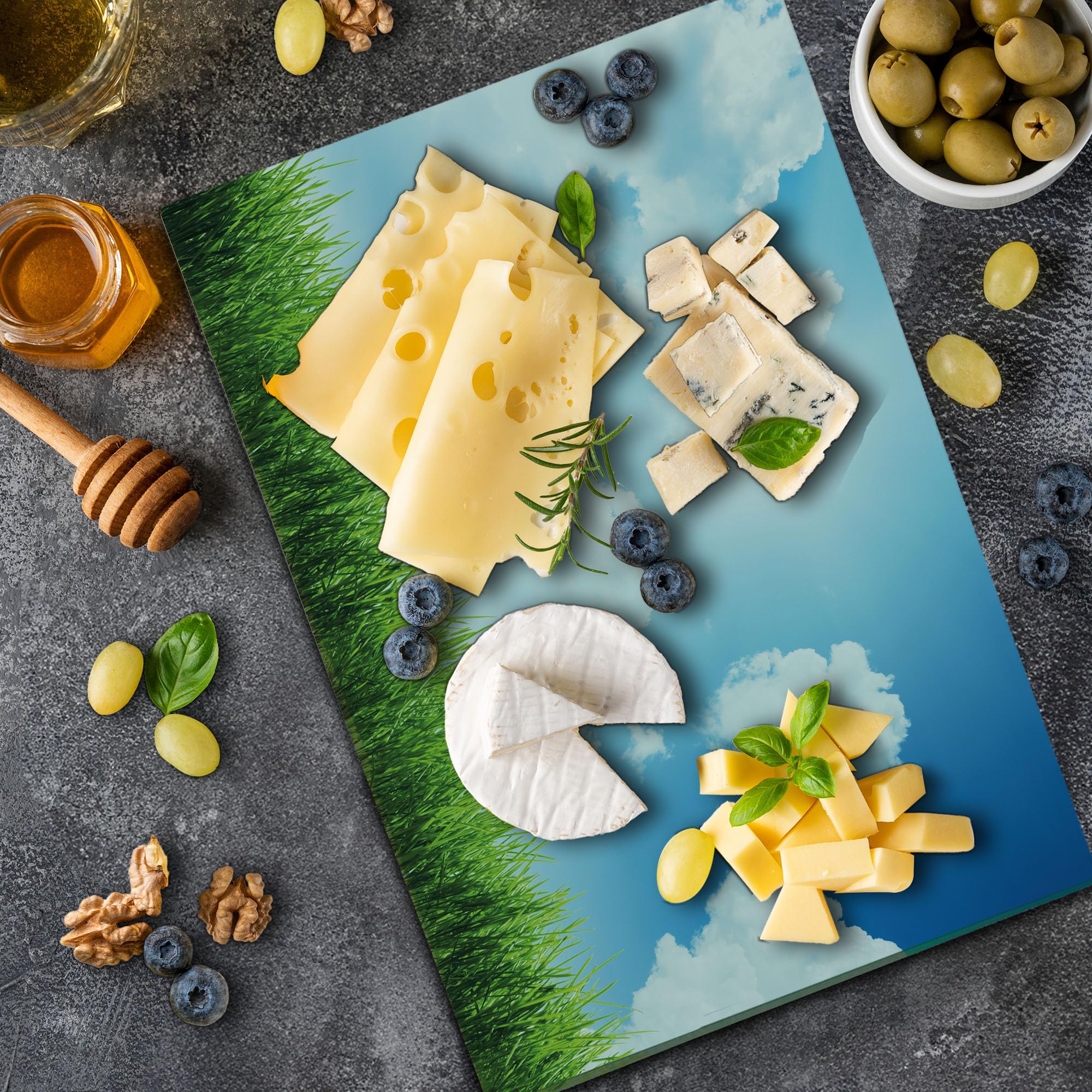 Ambesonne Sky Tempered Glass Cutting Board - Sunny Day with Green Grass, Sun Rays & Clouds - Large Decorative Serving Board for Kitchen, Dining & Entertaining - Blue, Green, White Nature Design