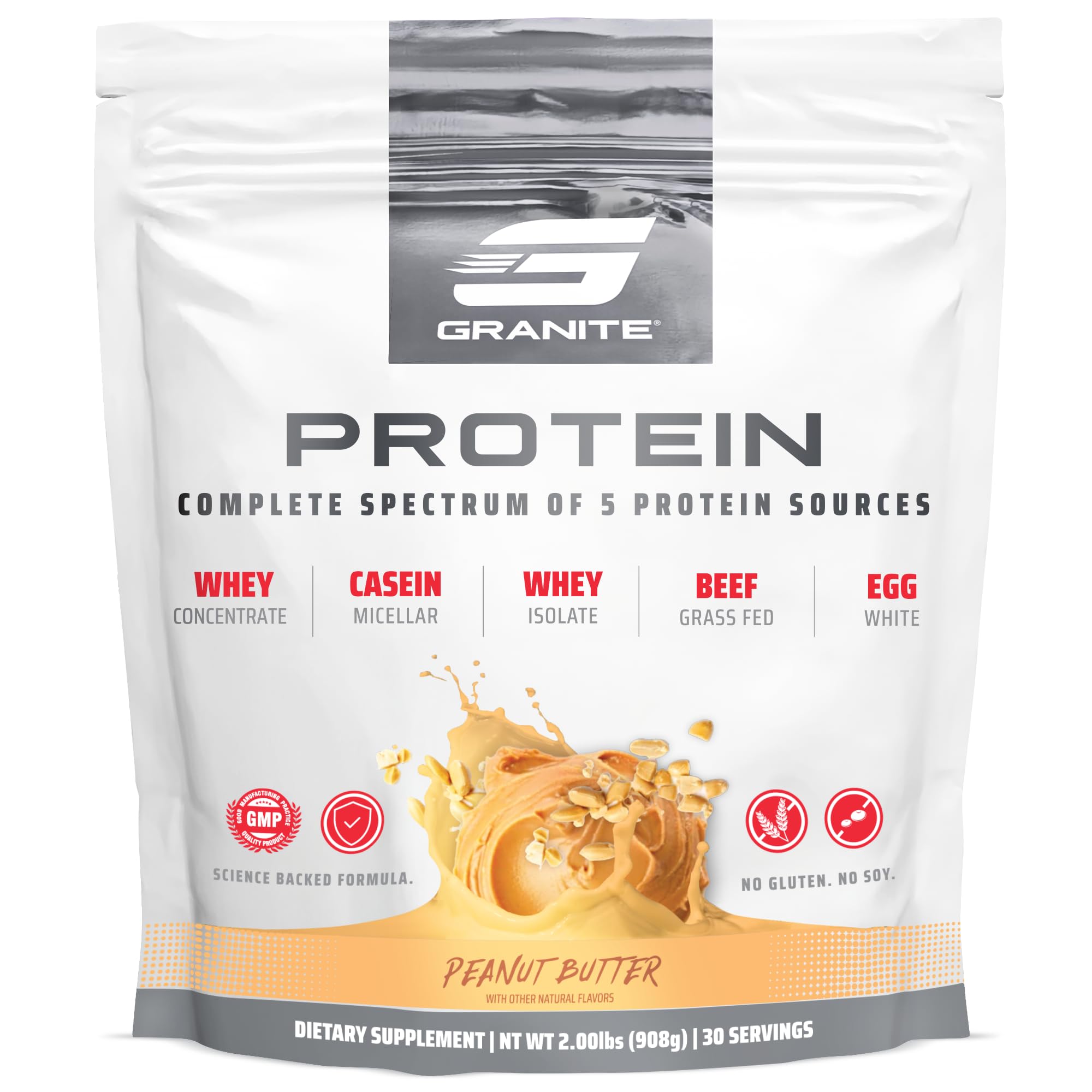Granite Nutrition Protein Powder - Premium 5-Source Blend (Whey, Casein, Egg, Grass-Fed Beef) for Lean Muscle Growth & Recovery - Peanut Butter Flavor, 30 Servings - Ideal for Post-Workout, Weight Management & Healthy Lifestyle