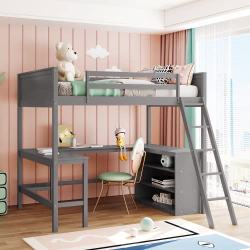 **Solid Wood Full Size Loft Bed with Desk & Storage Shelves – Sturdy Ladder & Safety Guardrail – Space-Saving Multifunctional Bed for Teens & Adults – Perfect for Small Bedrooms, Dorms, or Studio Apartments – No Box Spring Needed – Gray**