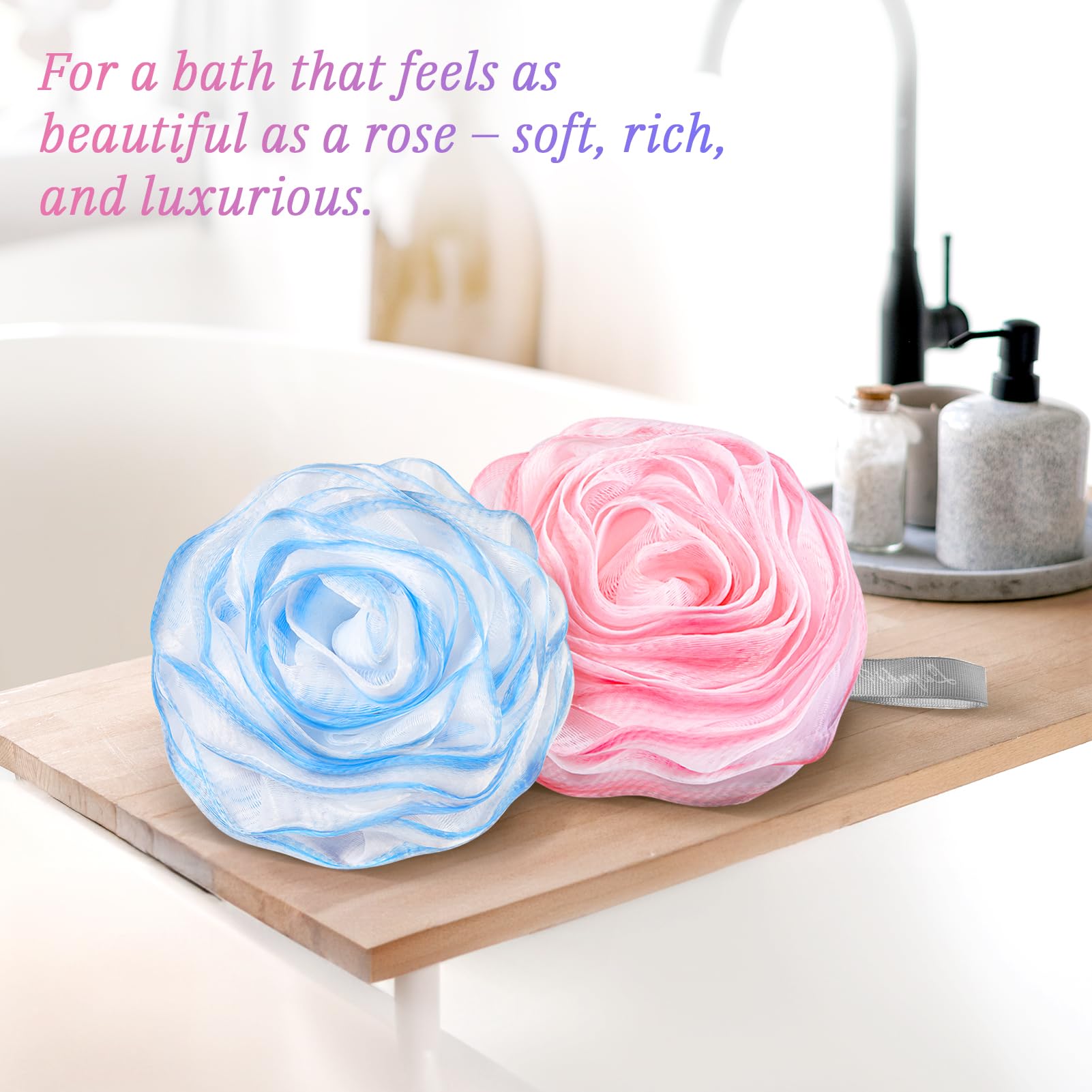 Premium Rose-Shaped Loofah Sponge Set (2-Pack) - Exfoliating Bath & Shower Scrubber for Soft Skin - Elegant Pink & Blue Body Scrubbers - Perfect for Spa Day & Gentle Exfoliation