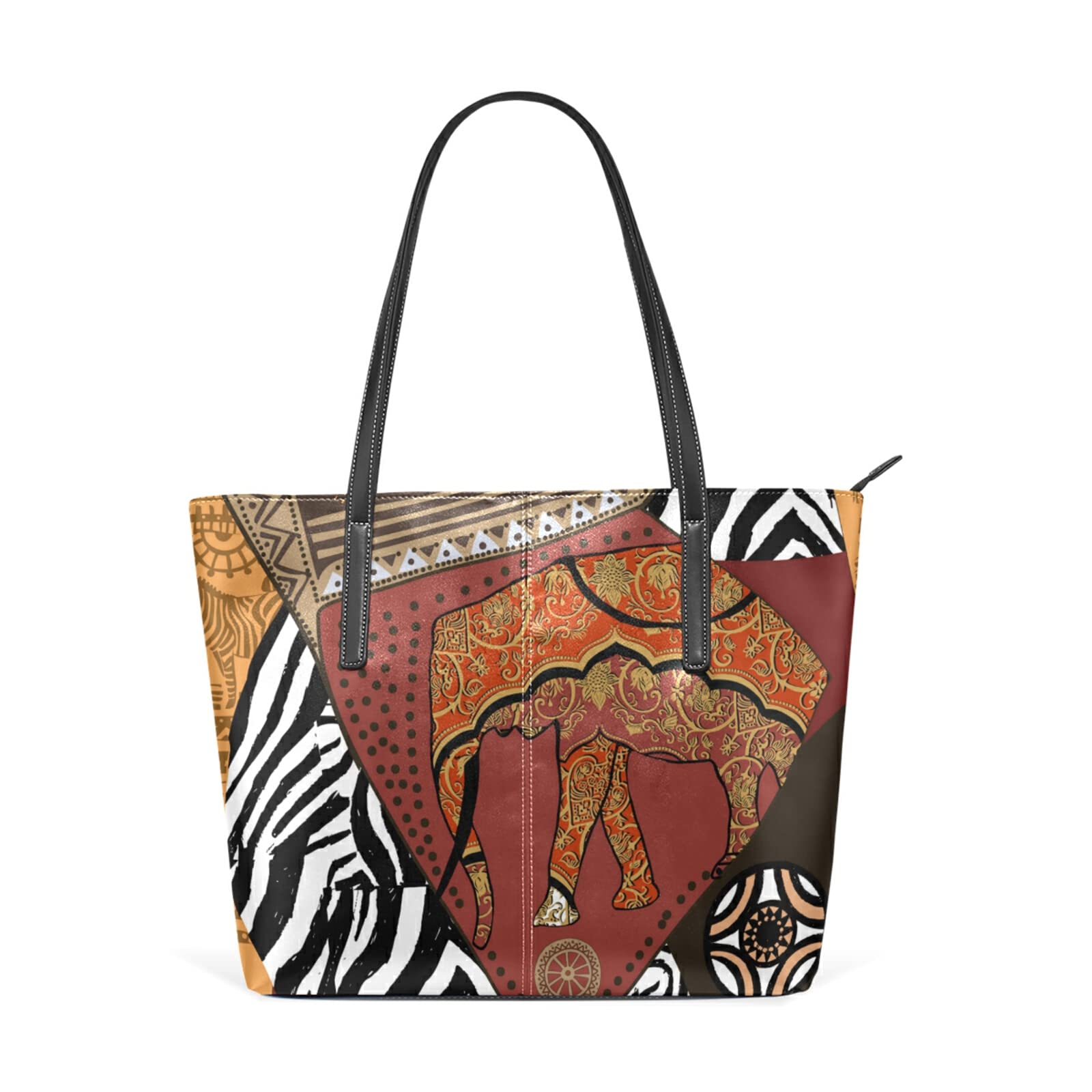 Premium Genuine Leather Tote Bag for Women - Zippered Handbag with African Elephant Print & Ethnic Pockets - Stylish Shoulder Bag for Work, Travel, Office & Business (Perfect for Daily Commute & Professional Meetings)