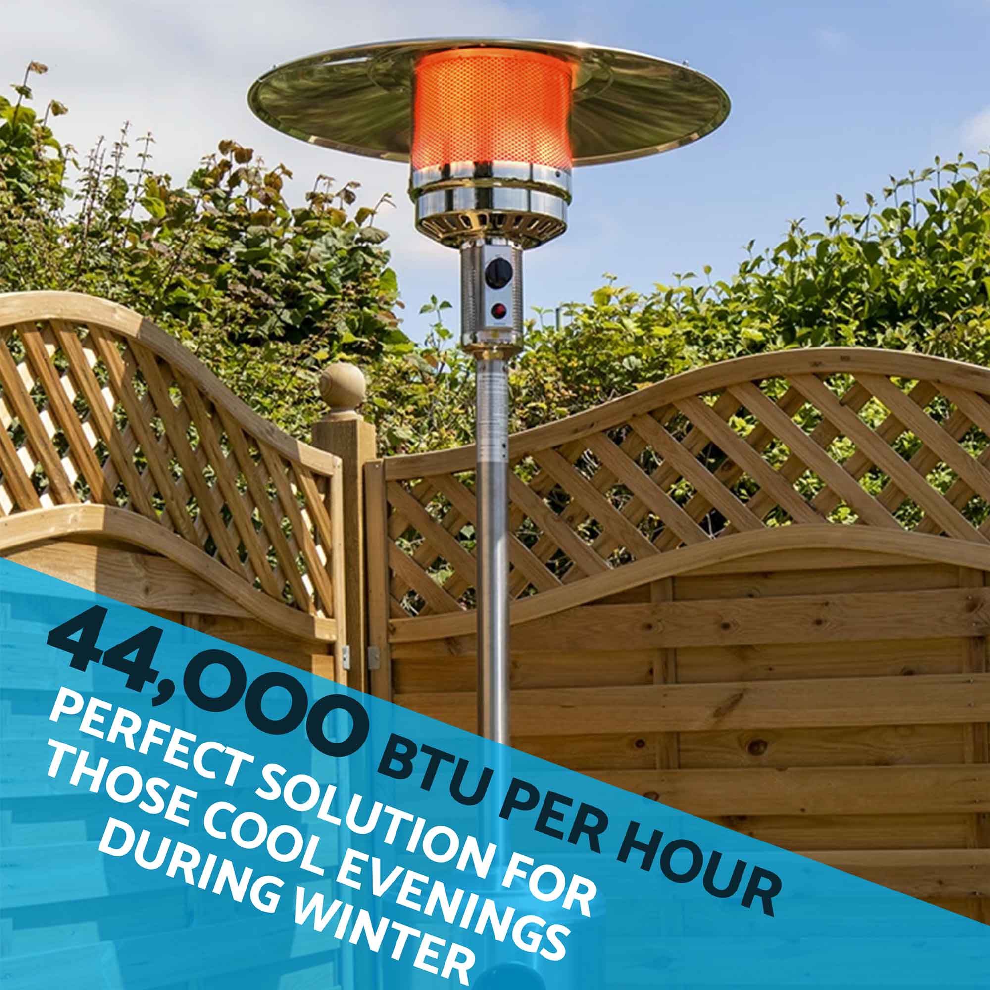13kW Freestanding Stainless Steel Gas Patio Heater with Wheels & Cover - Outdoor Heating for Backyard, Deck, Restaurant, and Commercial Use | DG221