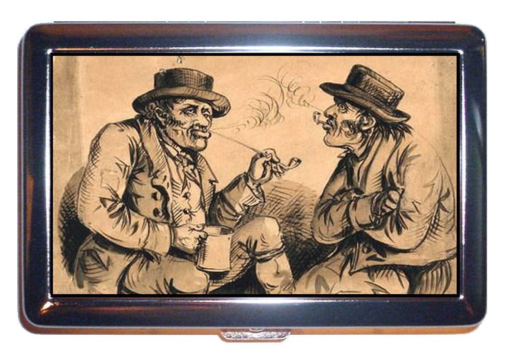Antique Victorian Drunk Smoking Men Design - Genuine Leather ID Wallet & Cigarette Case | Handmade in USA | Perfect for Collectors & Vintage Lovers