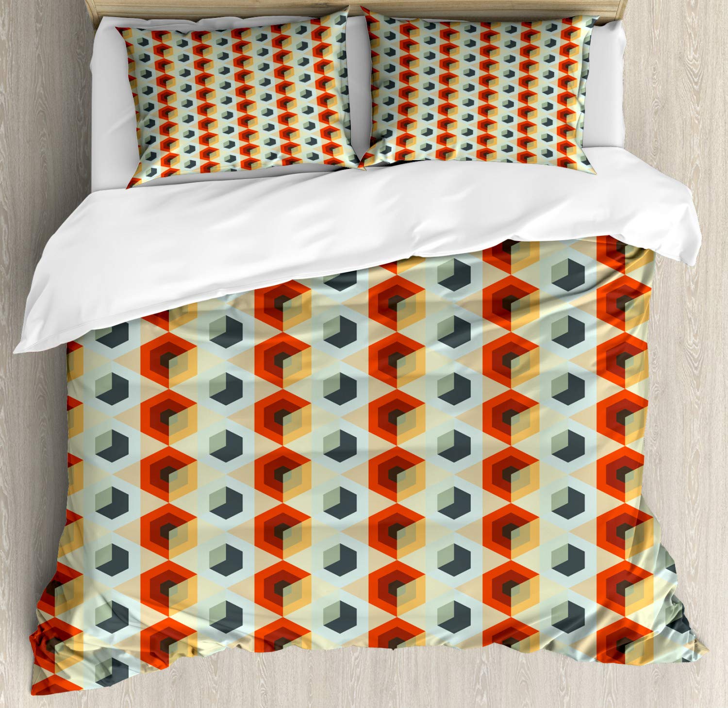 Ambesonne Geometric Duvet Cover Set - Modern Hexagonal Comb Pattern with Abstract Rhombus Borders, 2-Pack Queen Size Bedding Set Includes 2 Duvet Covers & 4 Pillowcases in Orange & Dark Blue - Perfect for Contemporary Bedroom Decor & Guest Room Styling