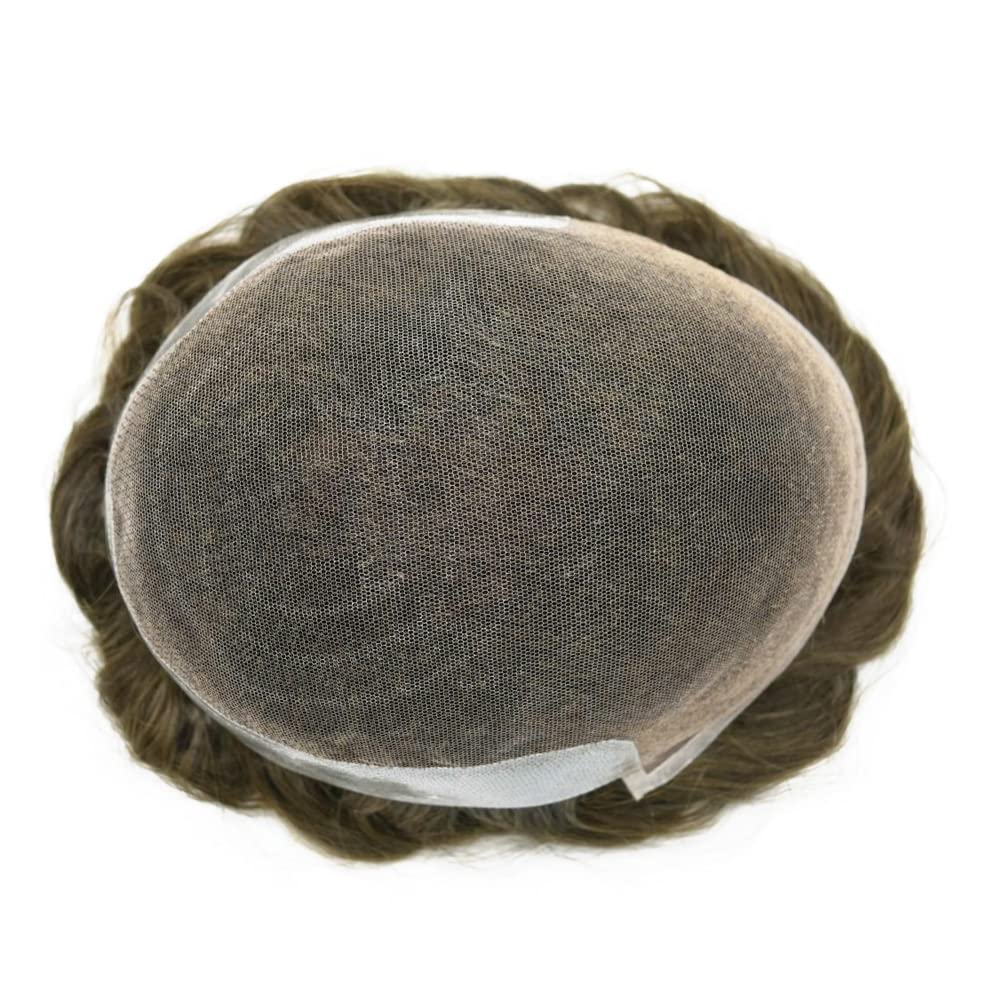 Natural Swiss Lace Men's Toupee - 100% Human Hair Replacement System with Bleached Knots & PU Base | 8x10 Inch Light Medium Density Wig (Color 7# Very Light Brown) | Perfect for Daily Wear, Special Occasions & Hair Loss Solutions